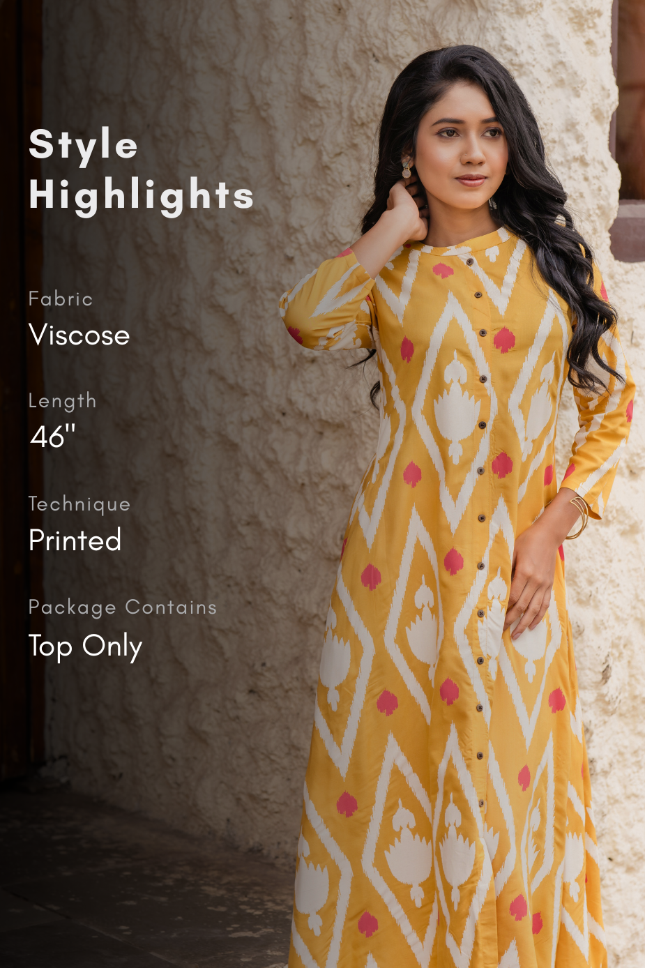 Ikat Flow Yellow Viscose A-Line Kurta with Chinese Collar & 3/4th Sleeves