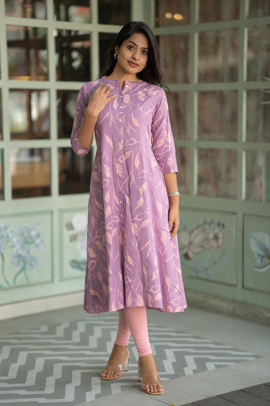 Rustic Fern Pink Viscose A-Line Kurta with Chinese Collar & 3/4th Sleeves