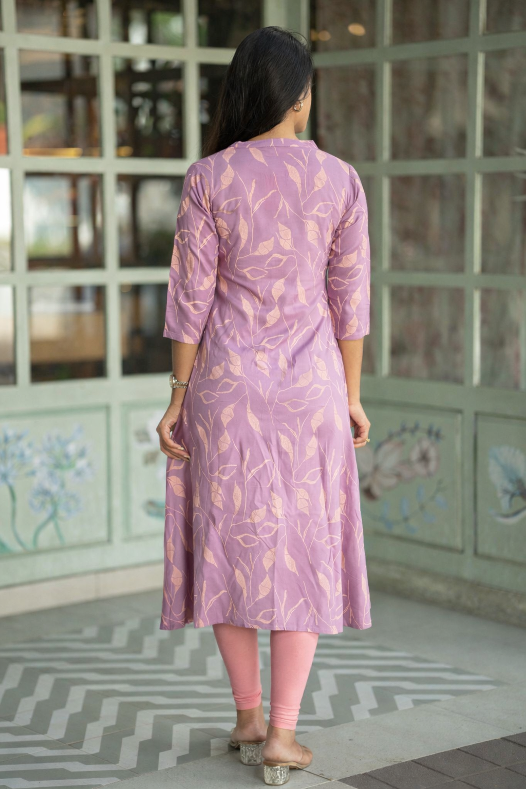 Rustic Fern Pink Viscose A-Line Kurta with Chinese Collar & 3/4th Sleeves