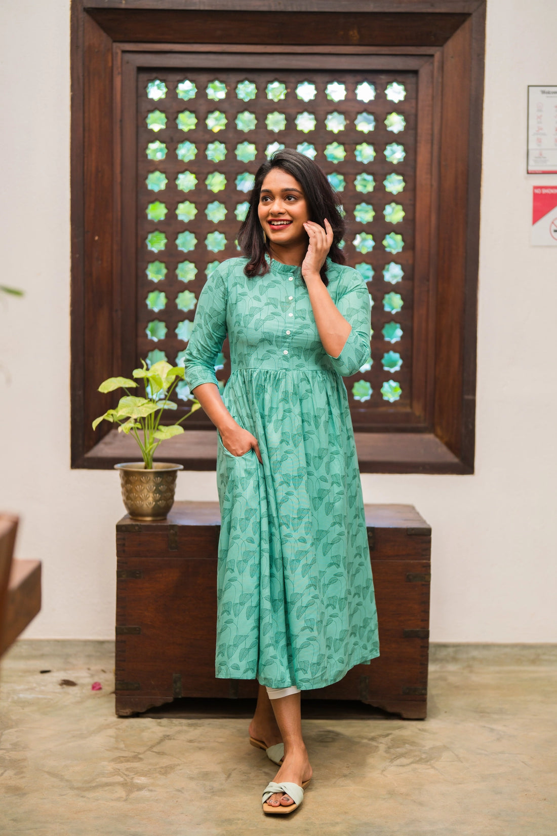 Green Willow Weave Viscose Printed Dress