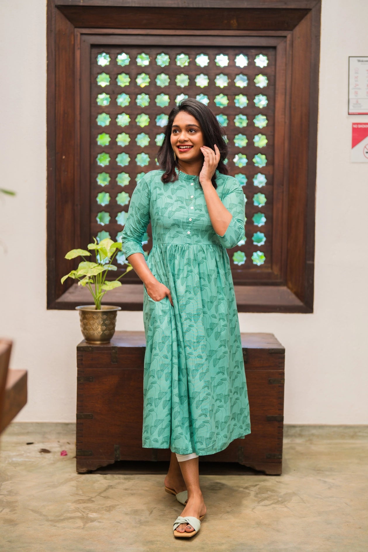 Green Willow Weave Viscose Printed Dress