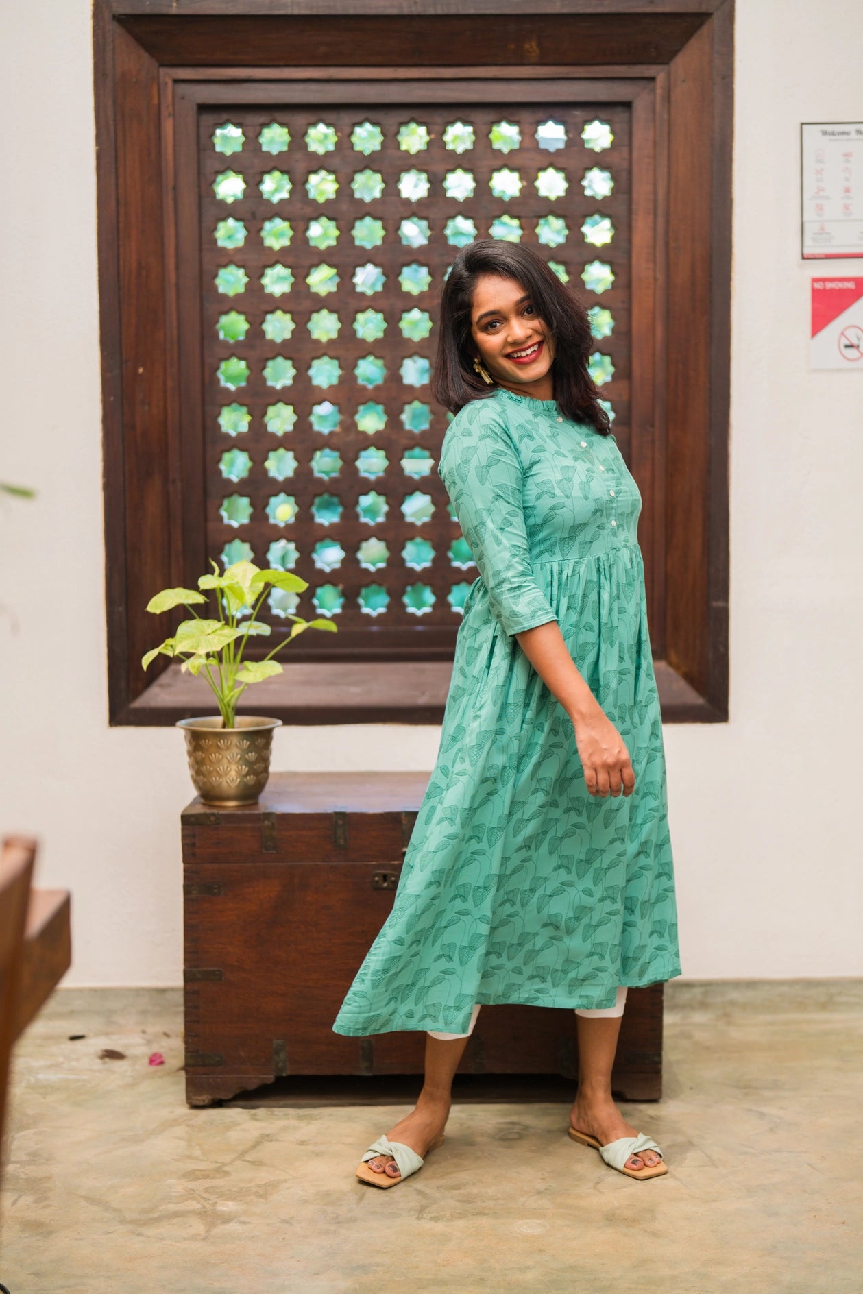 Green Willow Weave Viscose Printed Dress