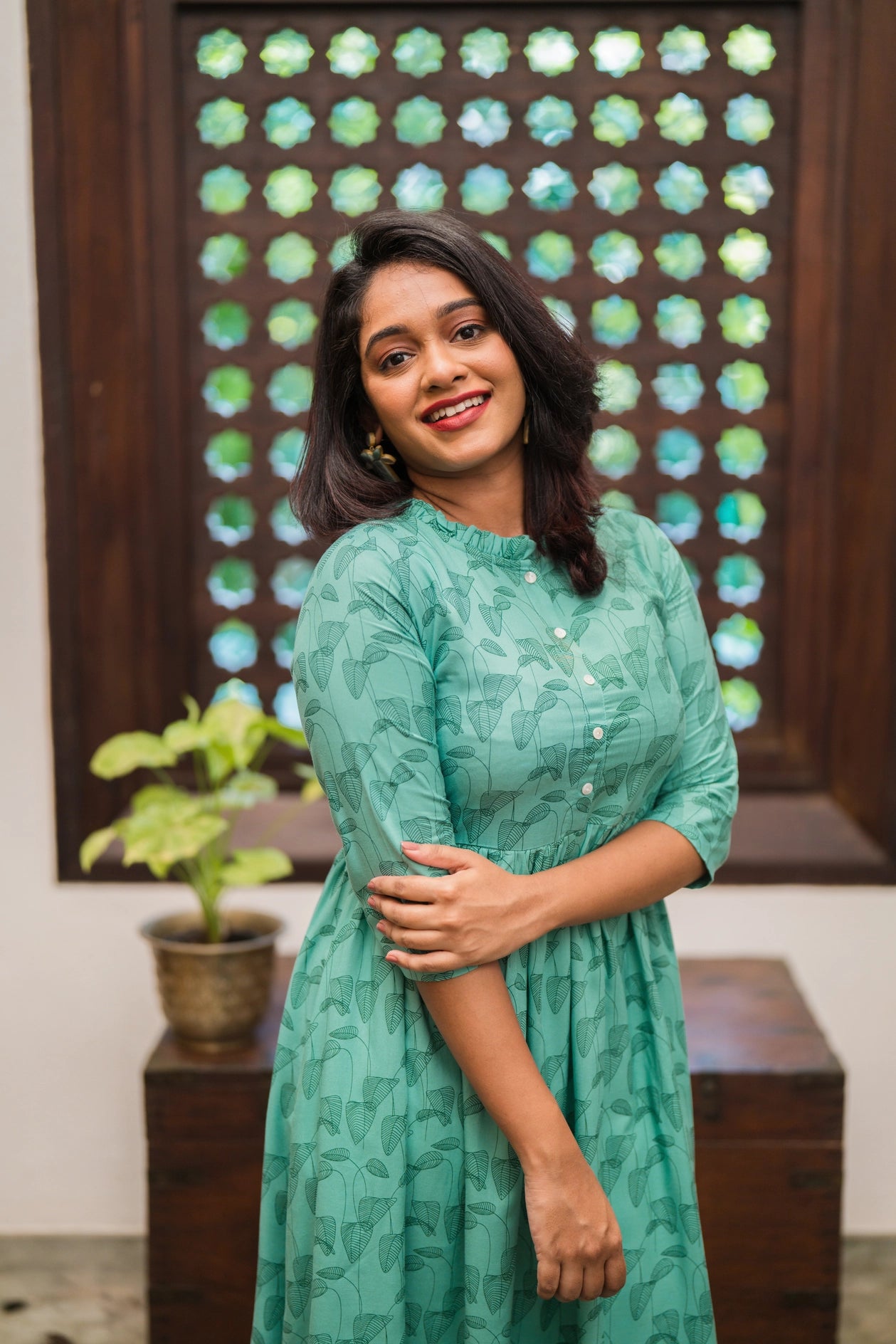 Green Willow Weave Viscose Printed Dress