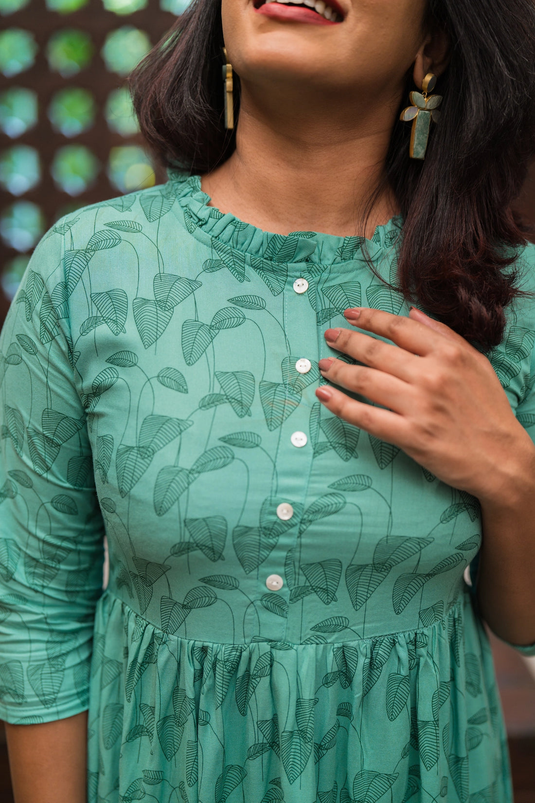 Green Willow Weave Viscose Printed Dress