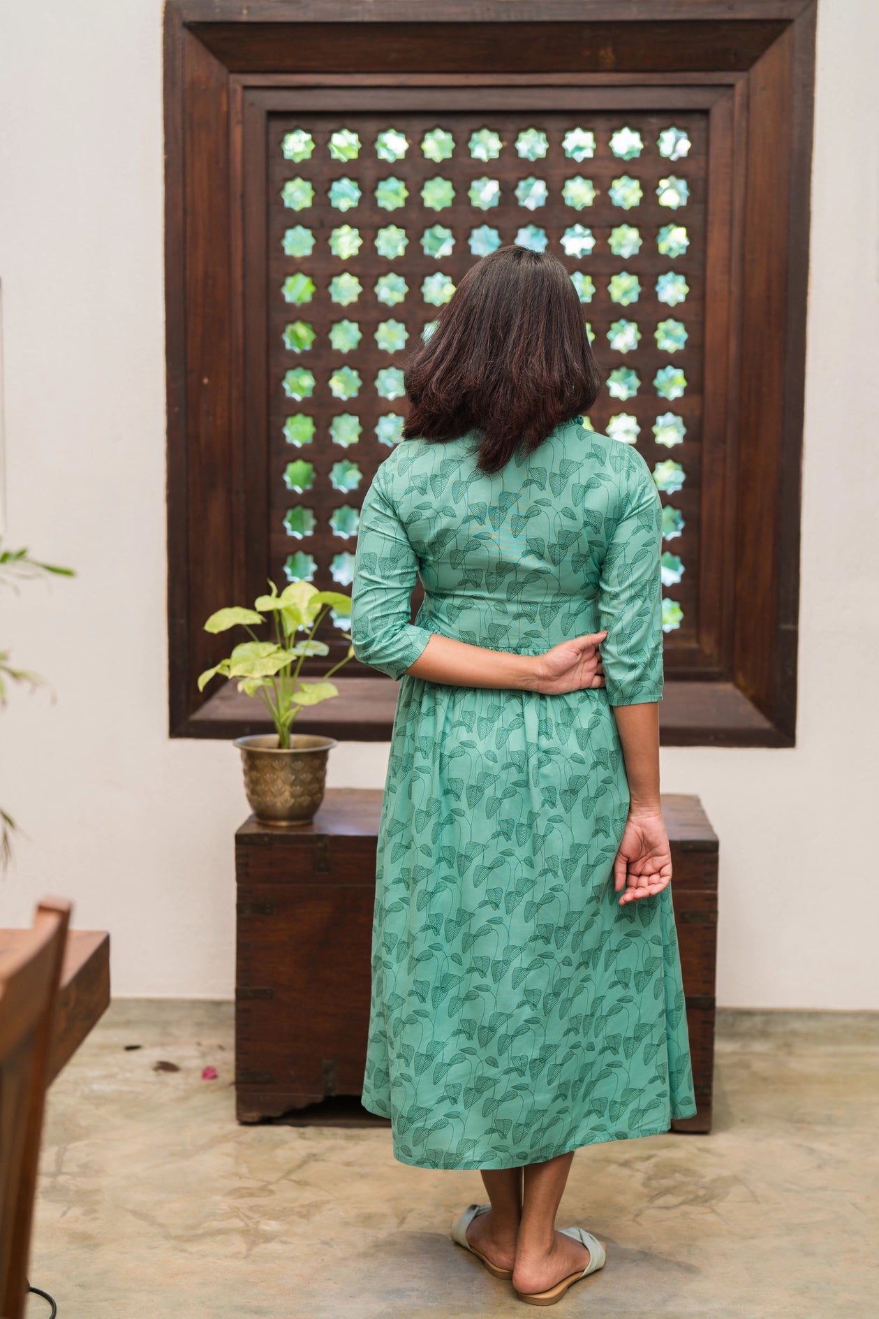 Green Willow Weave Viscose Printed Dress