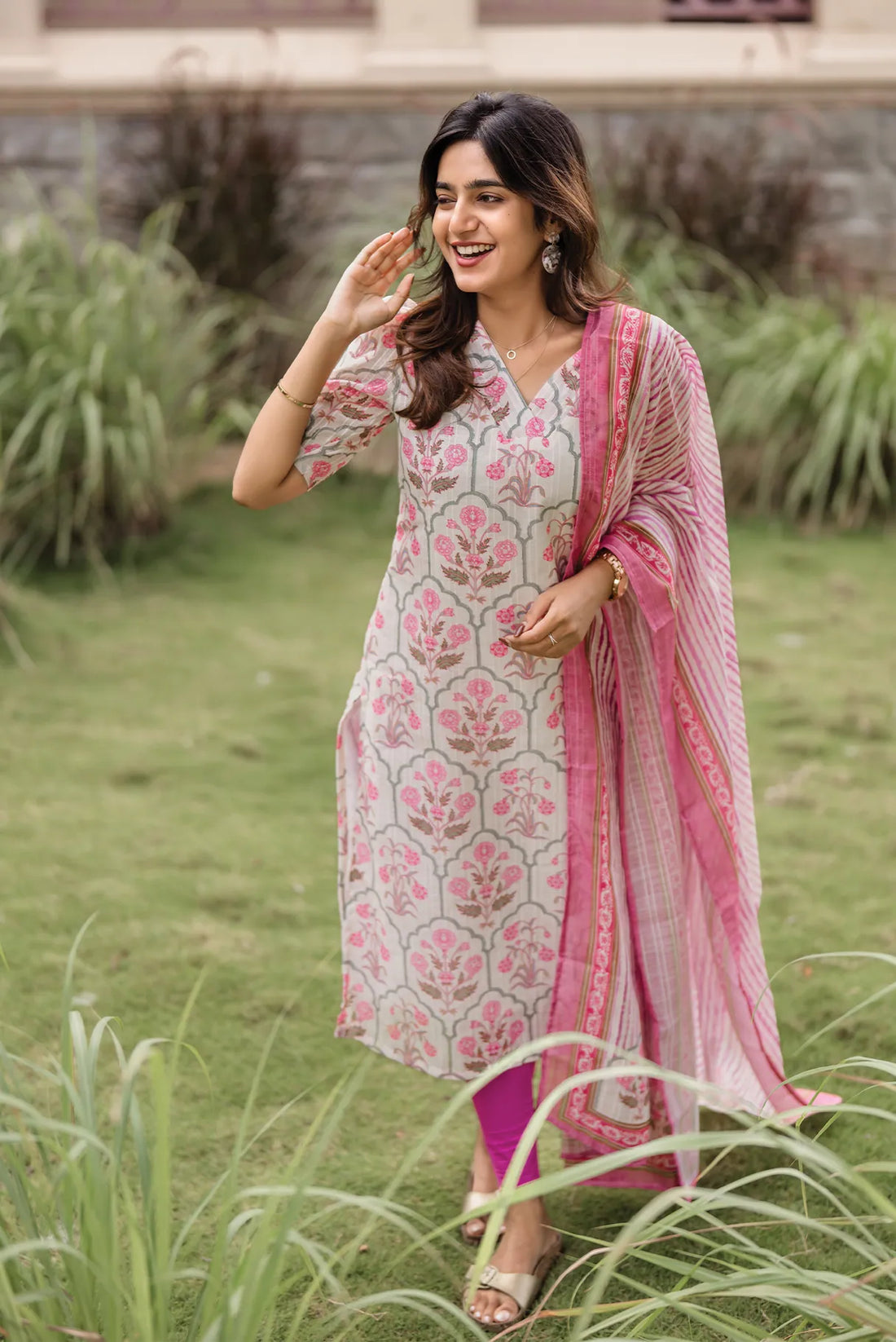 Bloomveil Half-White printed 2 Piece Linen Blend Kurta with Dupatta