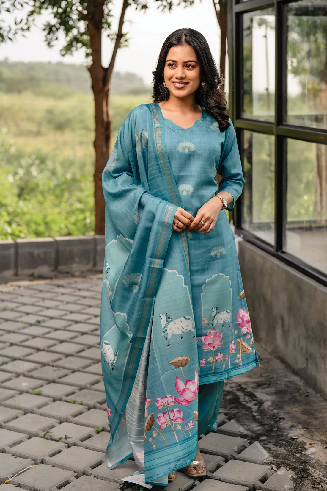 Lotus Charm Blue 3 Piece Tussar Silk Blend Printed Kurta with Pant & Dupatta