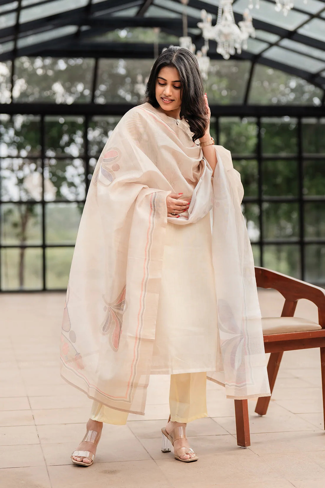 Pearl Off-White 2 Piece Silk Blend Placement Printed Embroidery Kurta with Dupatta