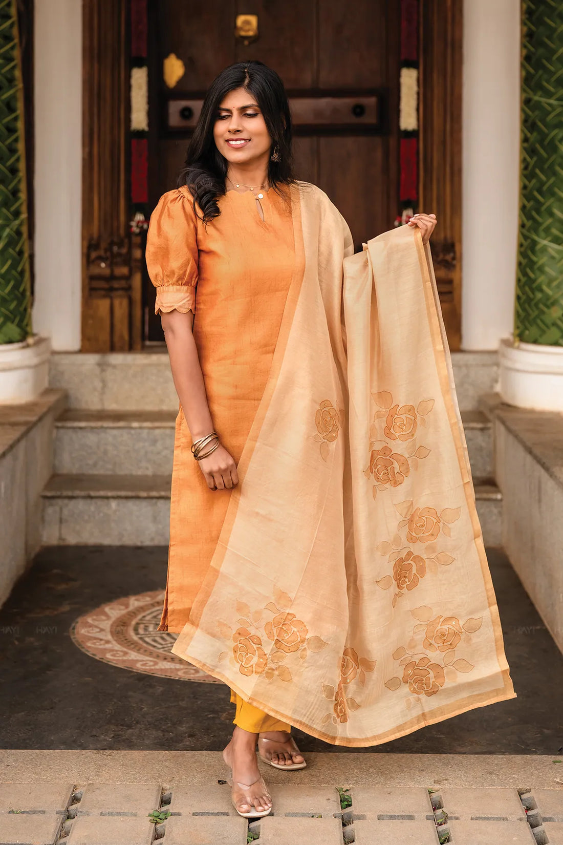 Aurel Yellow 3 Piece Tussar Silk Blend Printed Kurta with Pant & Dupatta