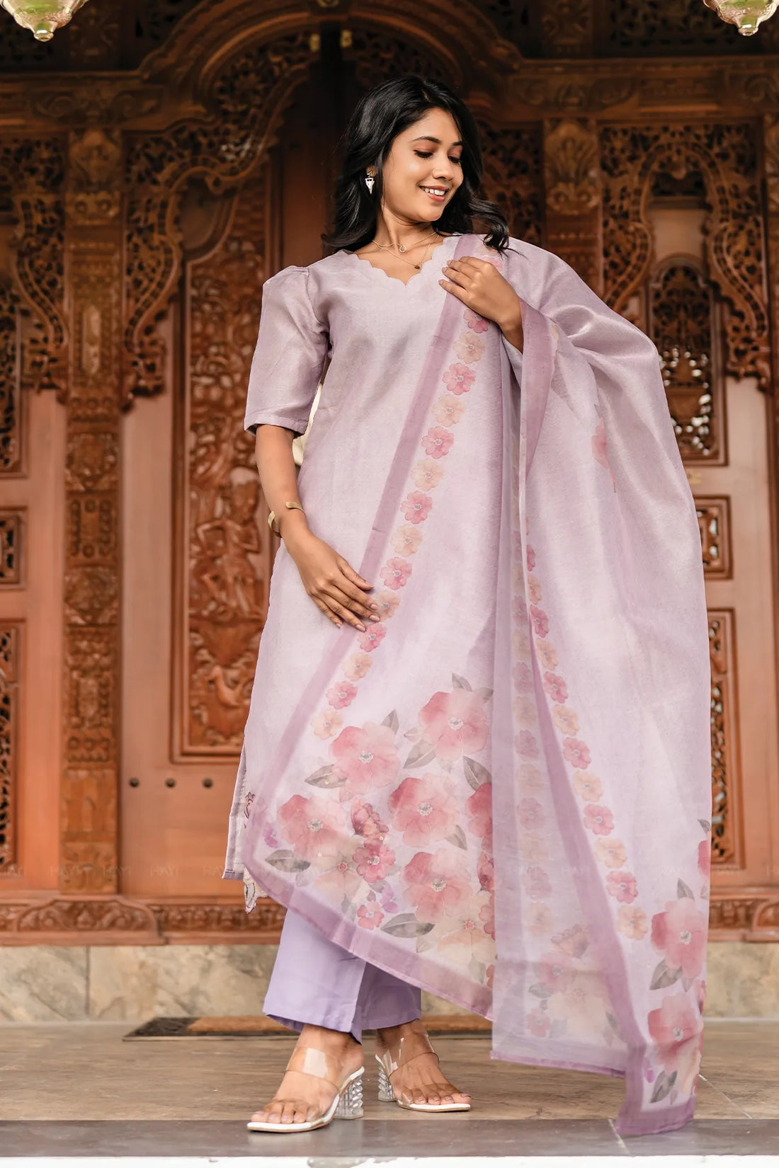 Lilac Blossom 3 Piece Crush Silk Blend Hand-Embroidered Kurta with Pant & Dupatta