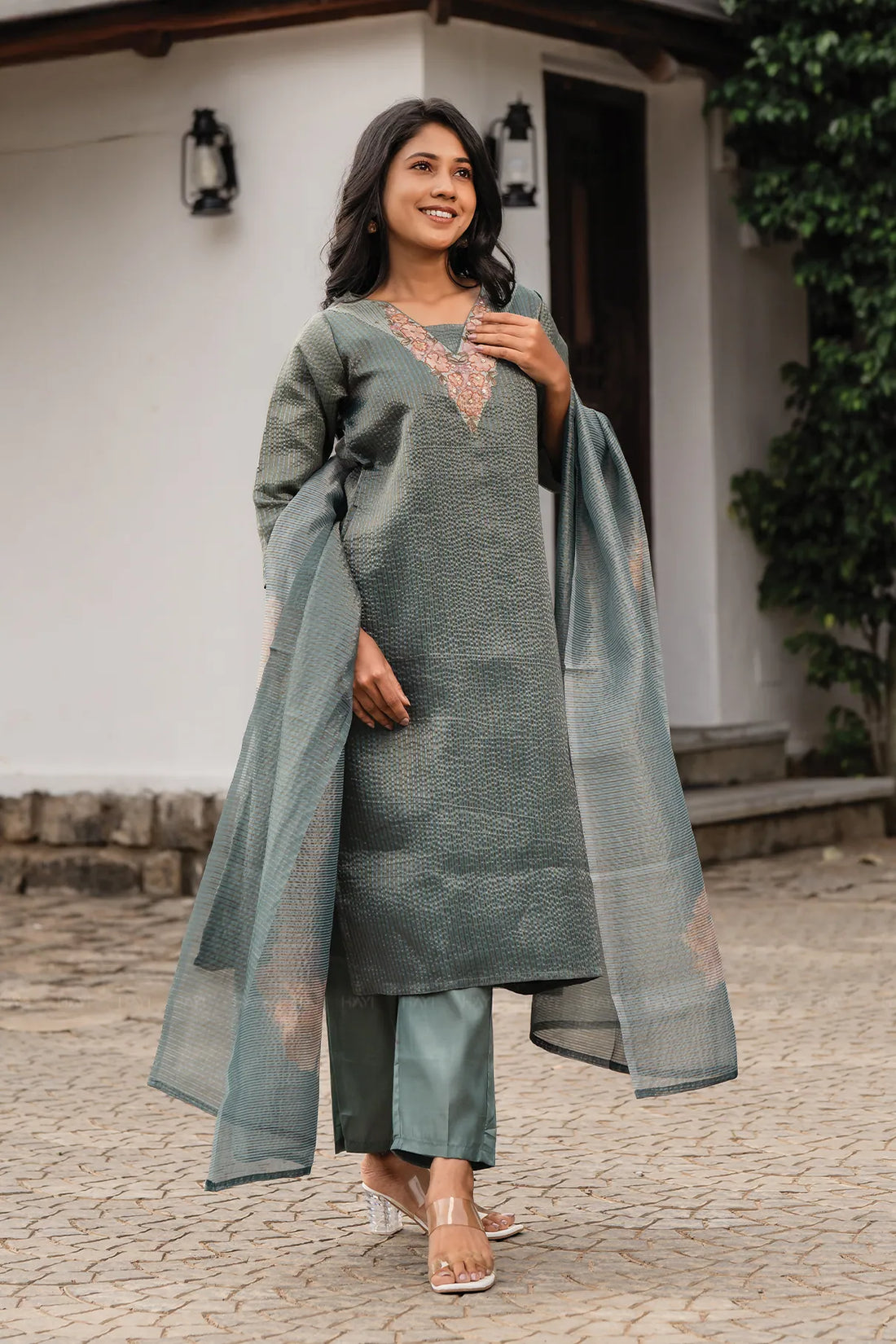 Green Mist 3 Piece Crush Silk Blend Floral Hand-Embroidered Kurta with Pant & Dupatta