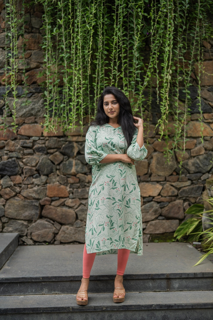 Green Leafy Leaves Viscose Printed Kurta