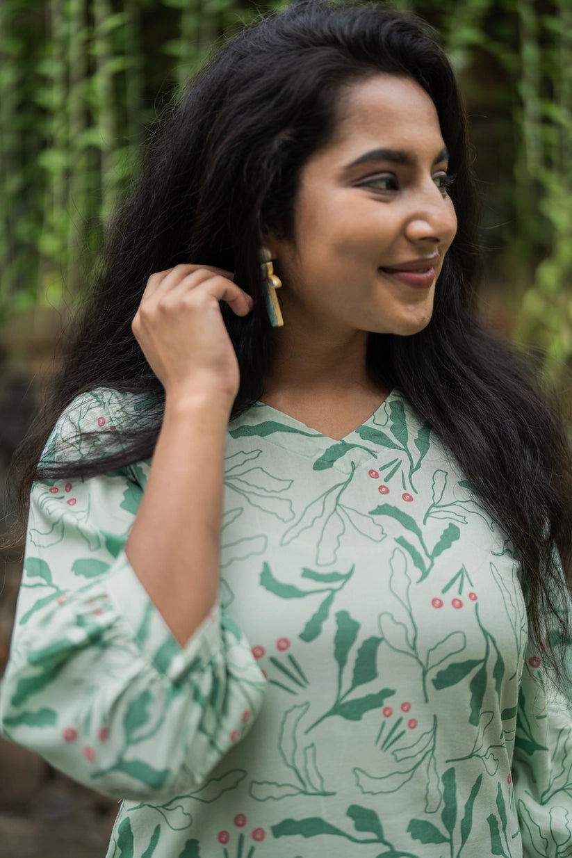Green Leafy Leaves Viscose Printed Kurta