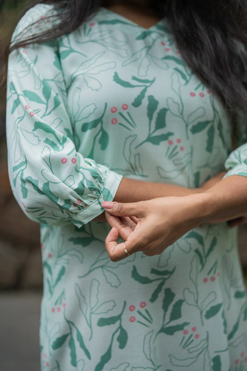 Green Leafy Leaves Viscose Printed Kurta