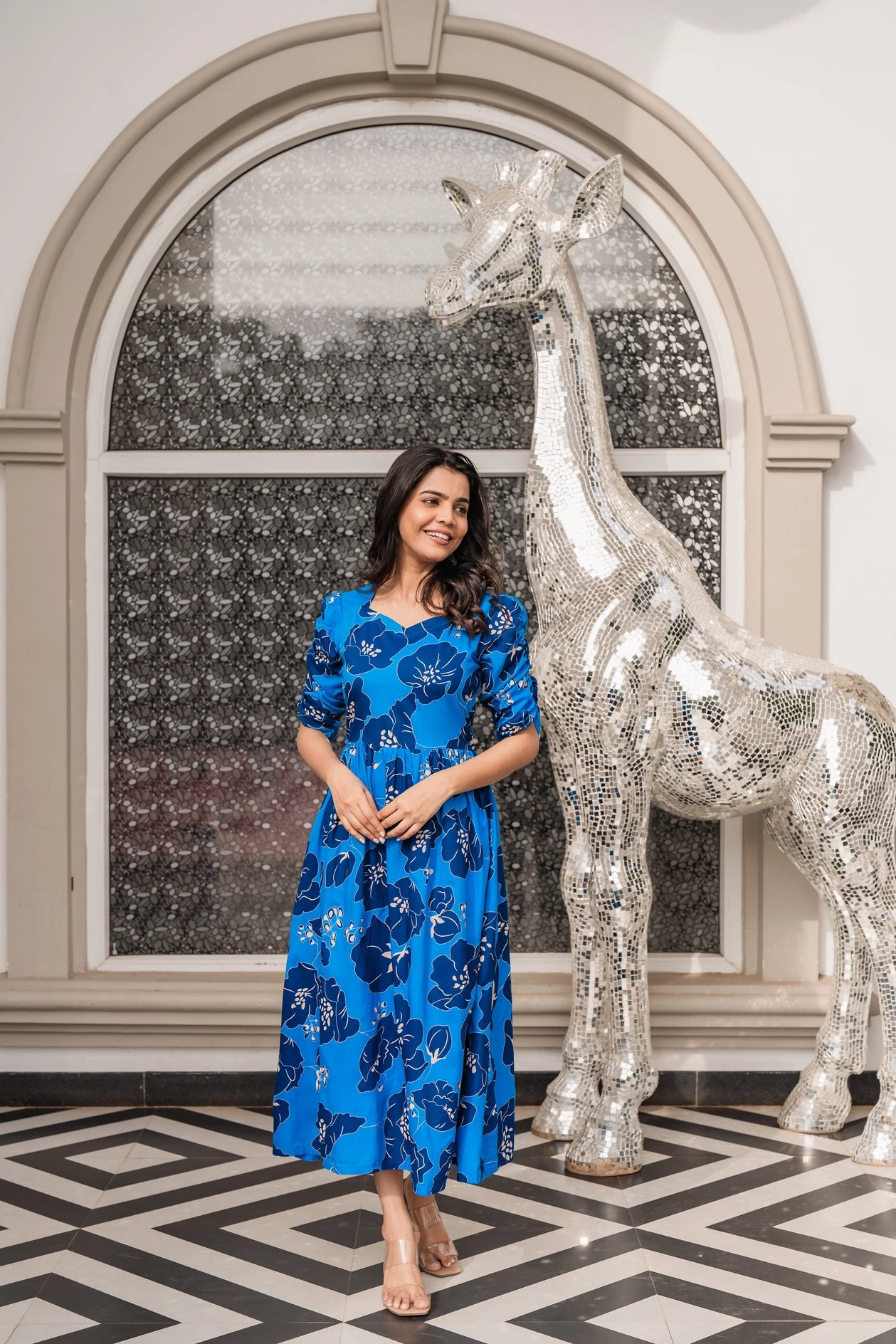 Royal Blue Vivid Blooms Viscose Printed Dress