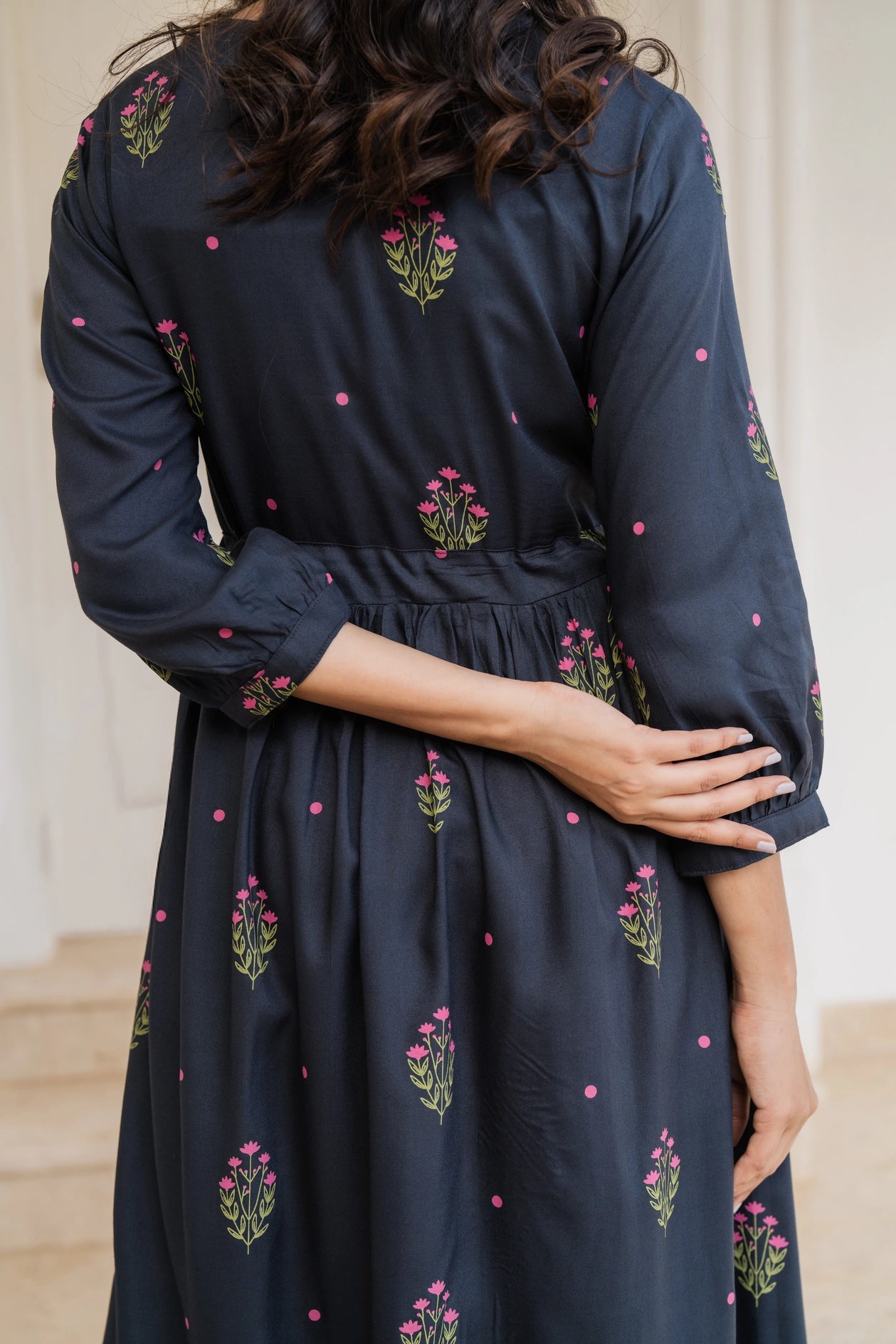 Black Ebony Flora Viscose Mirror Embroidery Dress