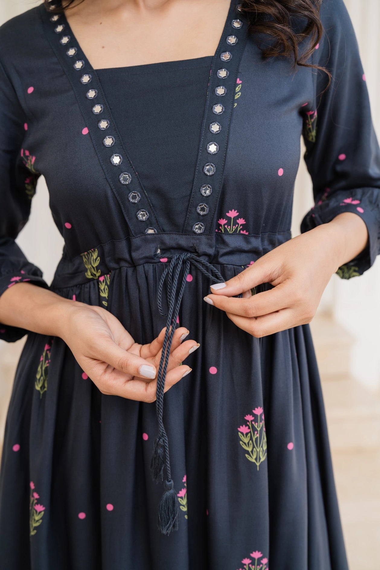 Black Ebony Flora Viscose Mirror Embroidery Dress