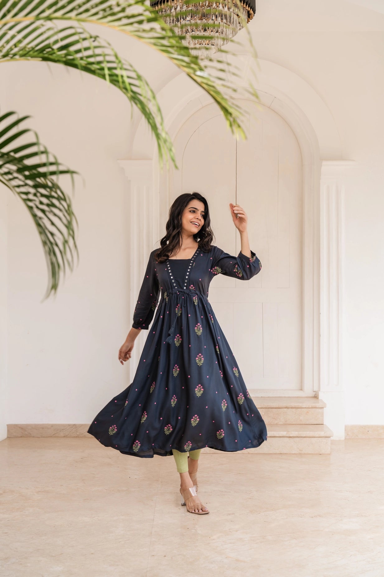 Black Ebony Flora Viscose Mirror Embroidery Dress