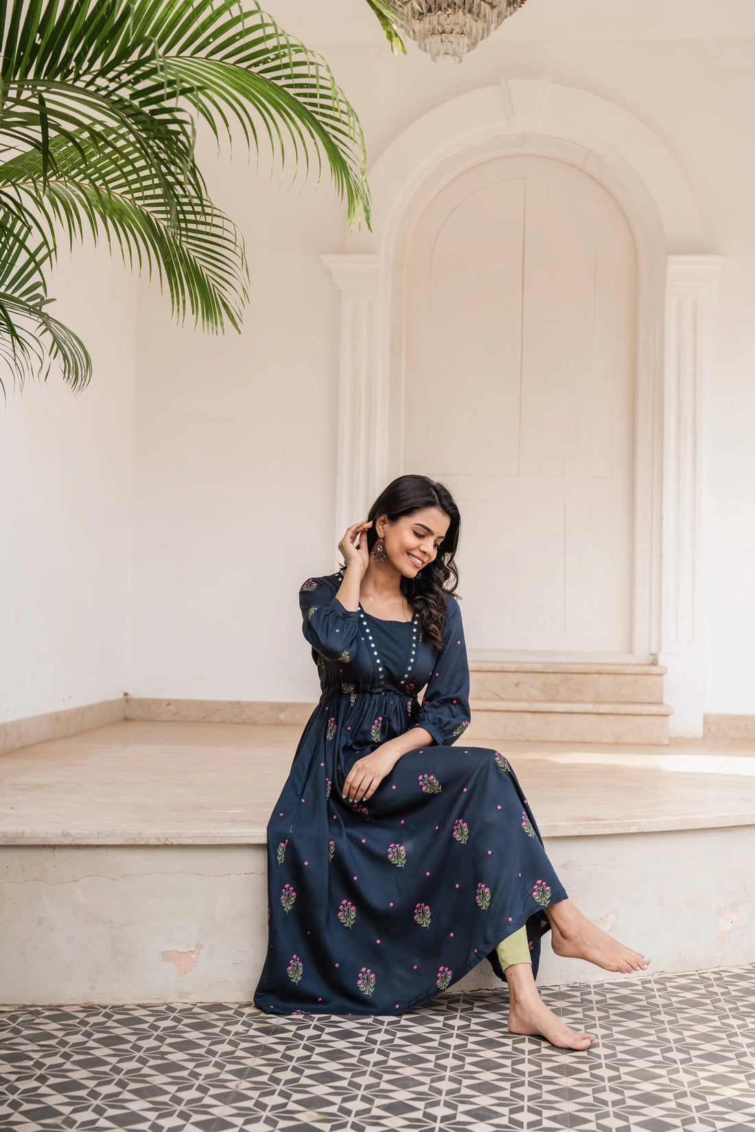 Black Ebony Flora Viscose Mirror Embroidery Dress