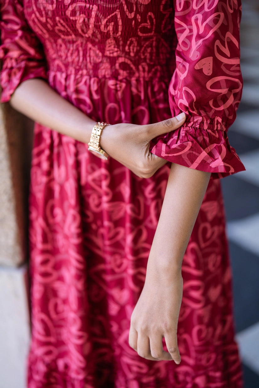 Red Cupids Heart Smock Viscose Printed Dress