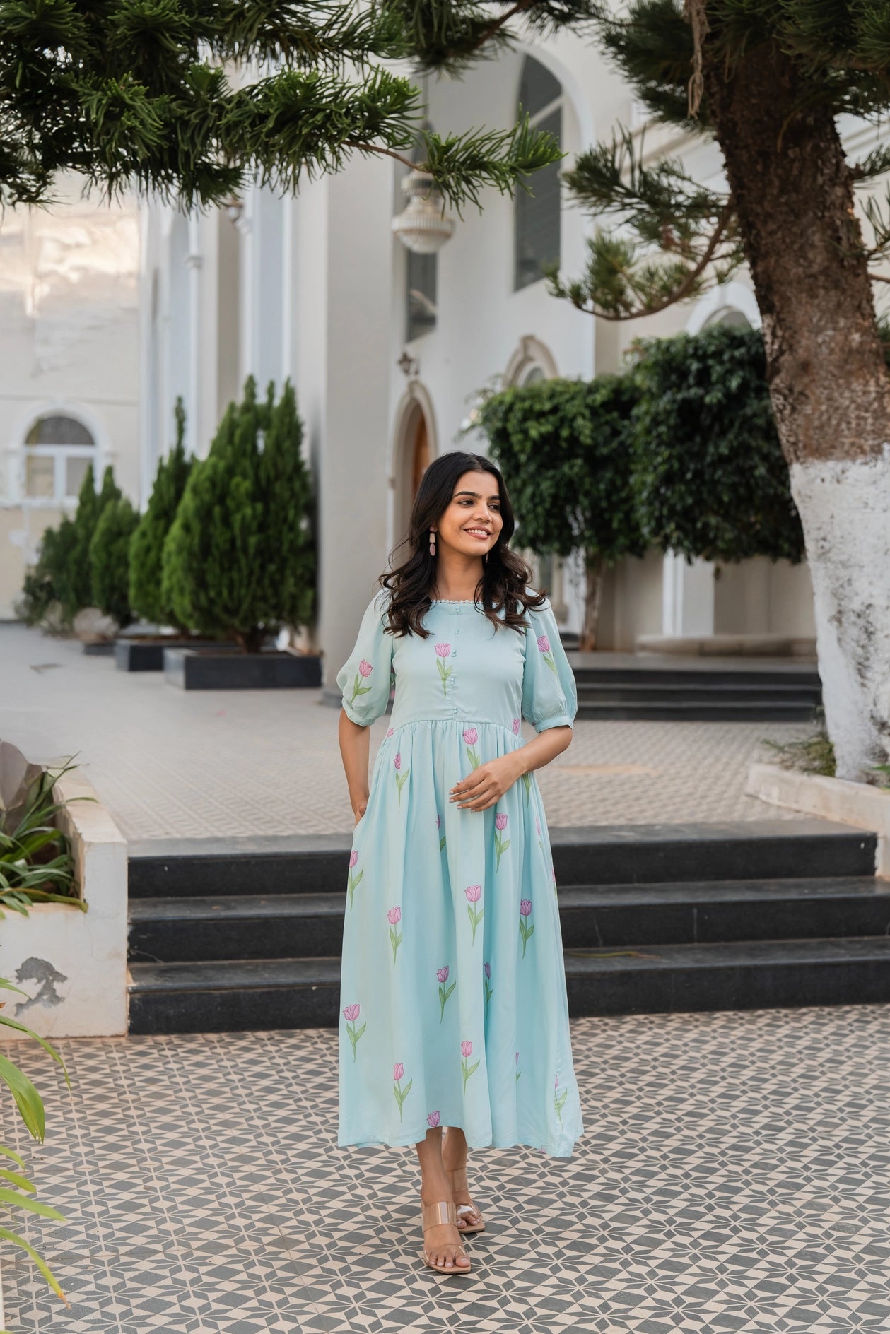 Floral Blue Tulip Popover Viscose Printed Dress