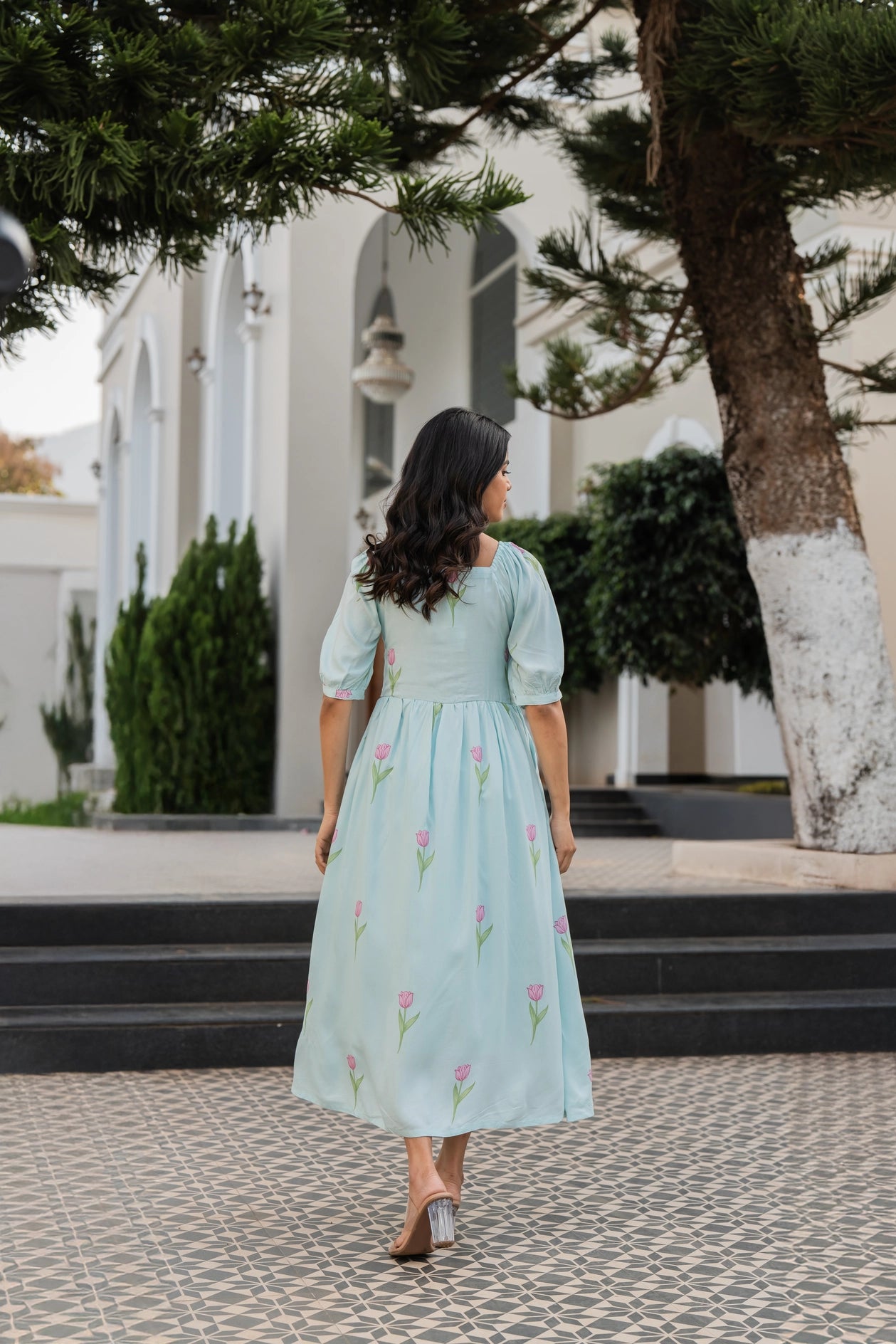 Floral Blue Tulip Popover Viscose Printed Dress