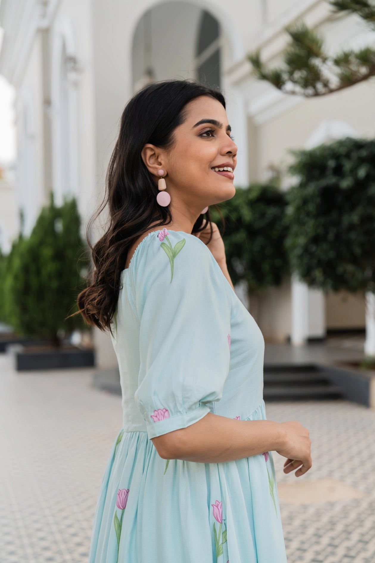 Floral Blue Tulip Popover Viscose Printed Dress