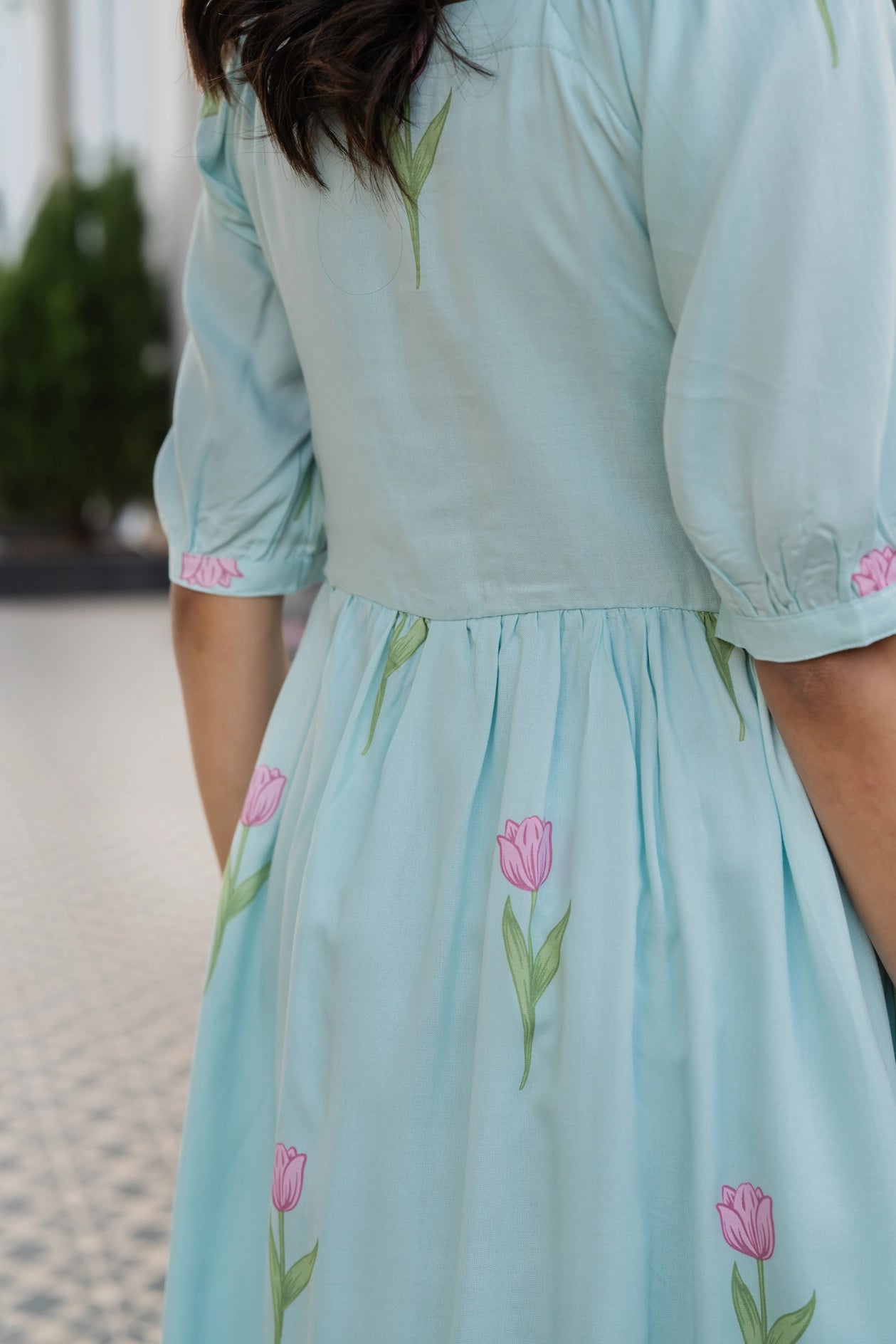 Floral Blue Tulip Popover Viscose Printed Dress