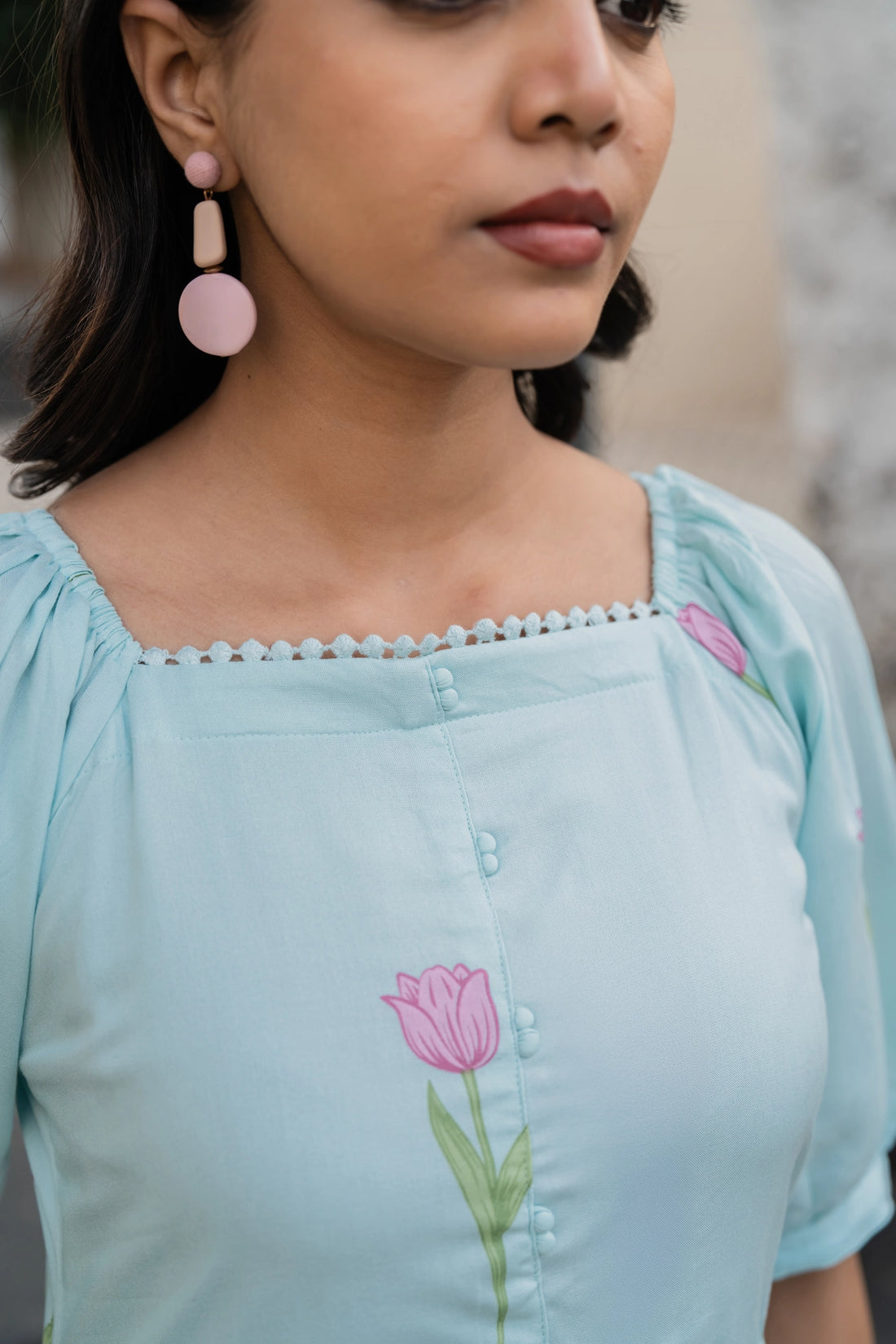 Floral Blue Tulip Popover Viscose Printed Dress