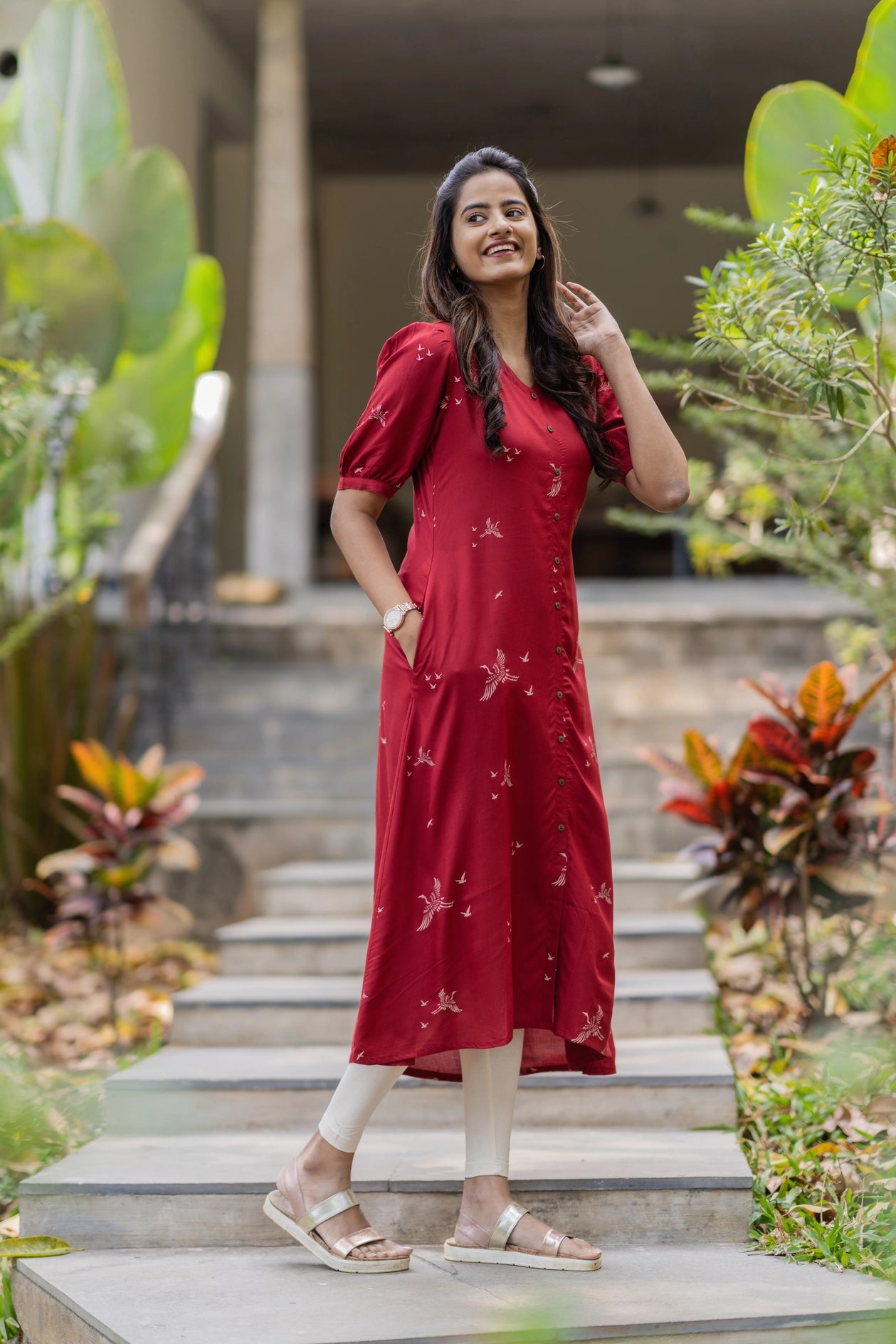 Happy Humming Red Printed Maternity wear and feeding dress