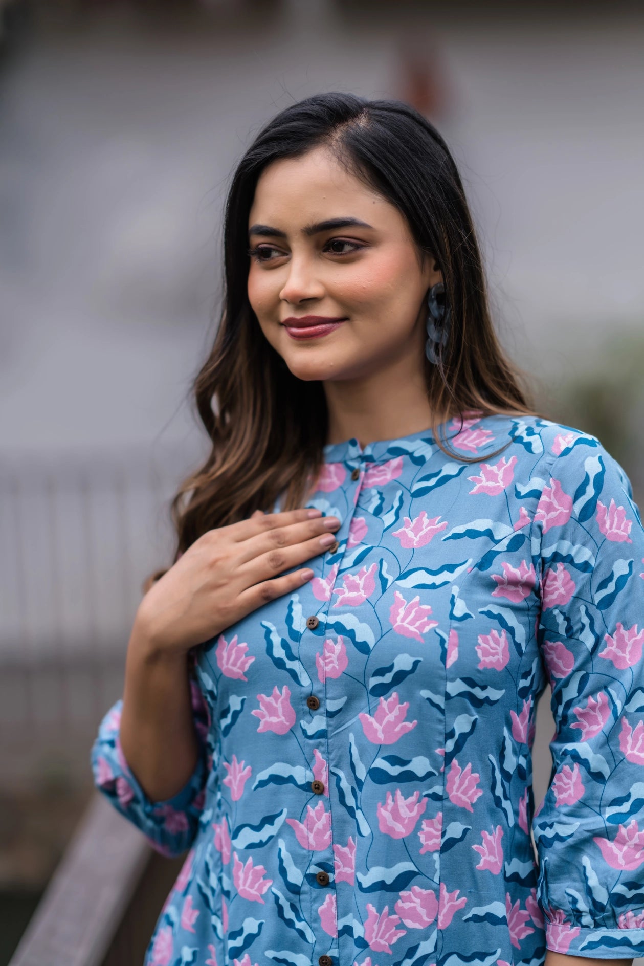 Floating Lilly Blue Printed Maternity wear and feeding dress