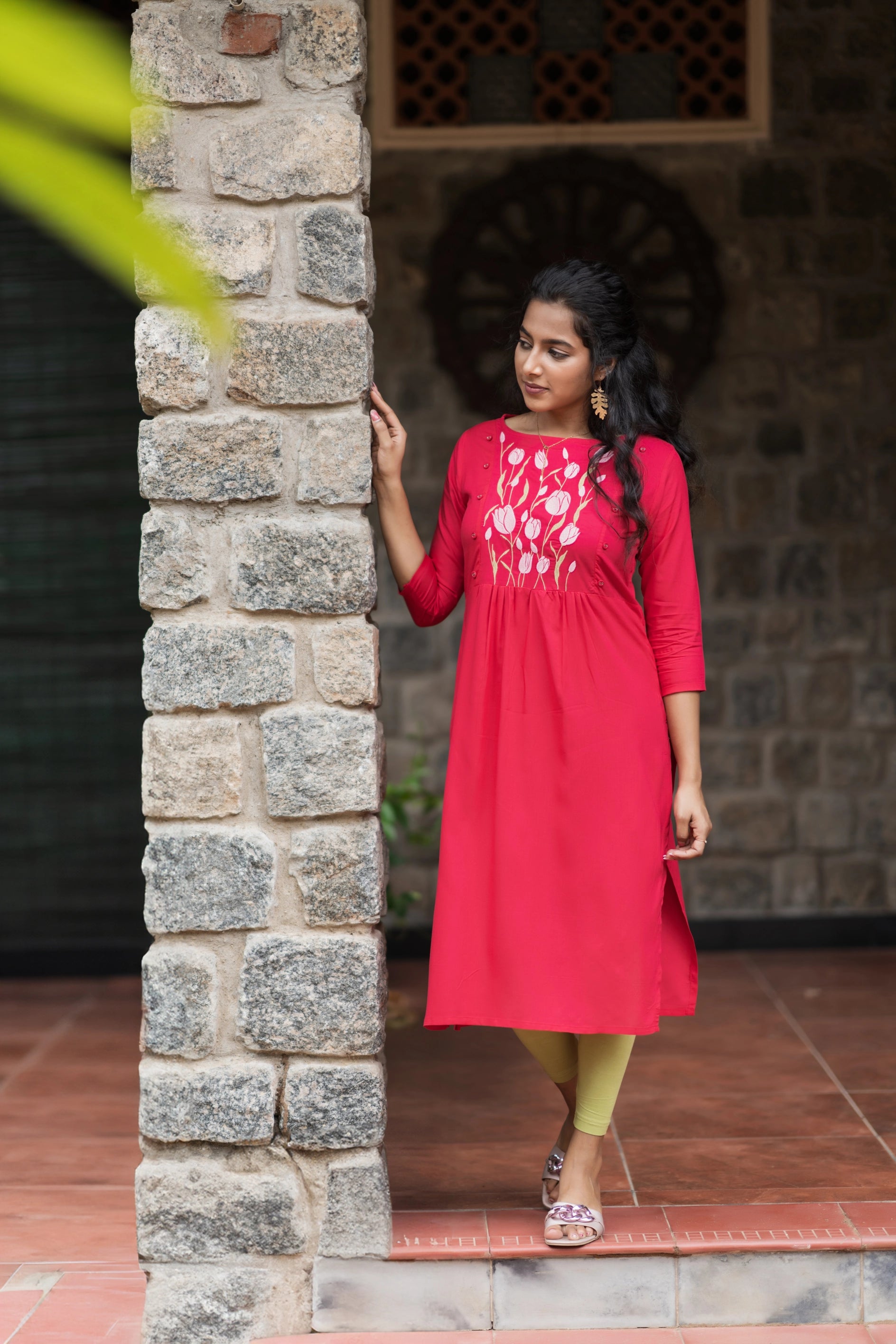 Pink Dancing Tulip Embroidery Viscose Dress