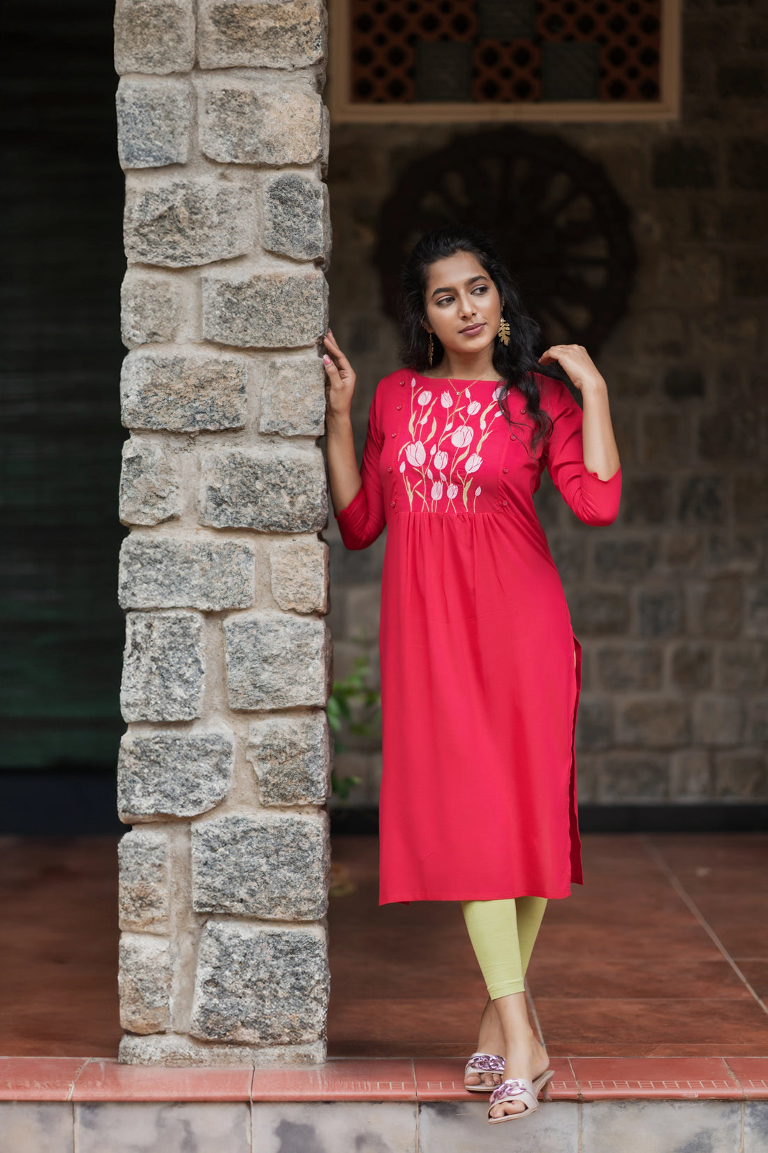 Pink Dancing Tulip Embroidery Viscose Dress