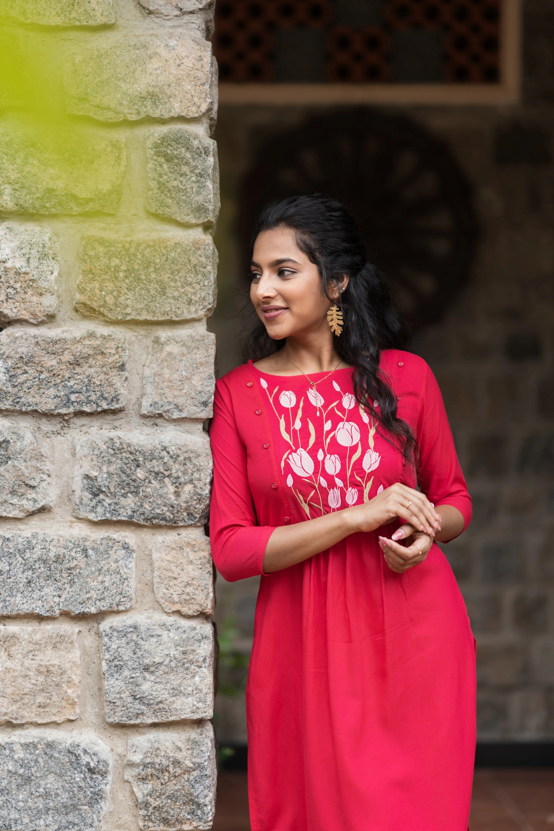 Pink Dancing Tulip Embroidery Viscose Dress