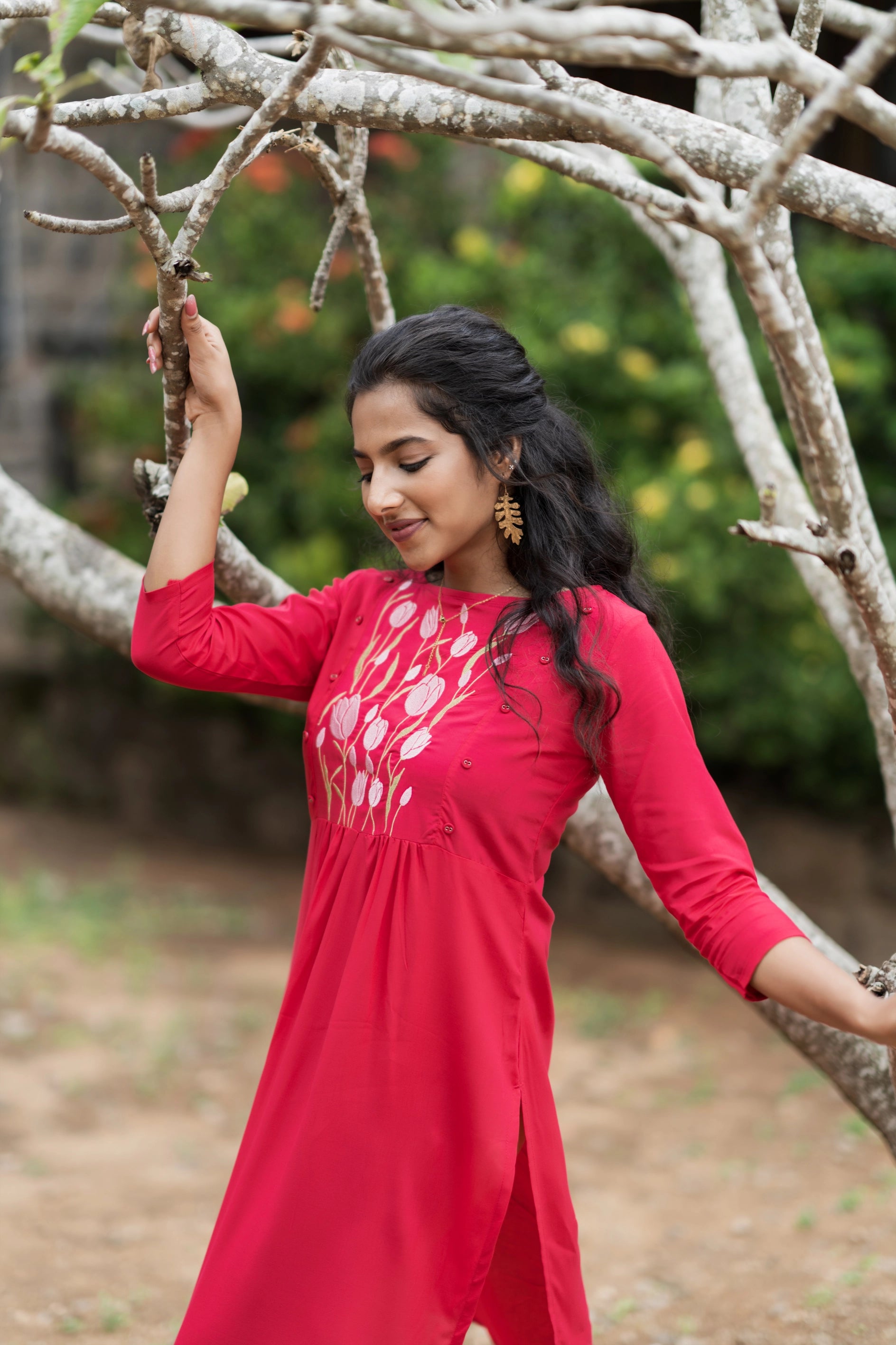 Pink Dancing Tulip Embroidery Viscose Dress