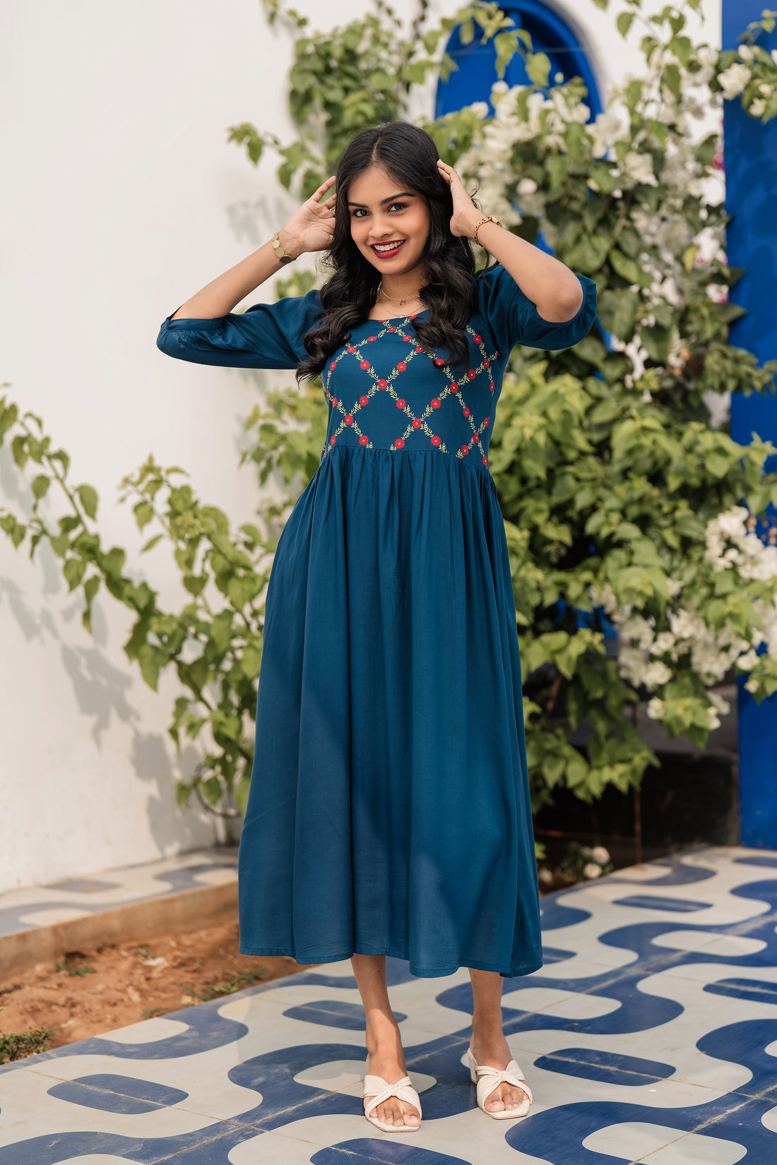 Regal Bloom Teal Viscose Dress with Square Neck & 3/4th Sleeves