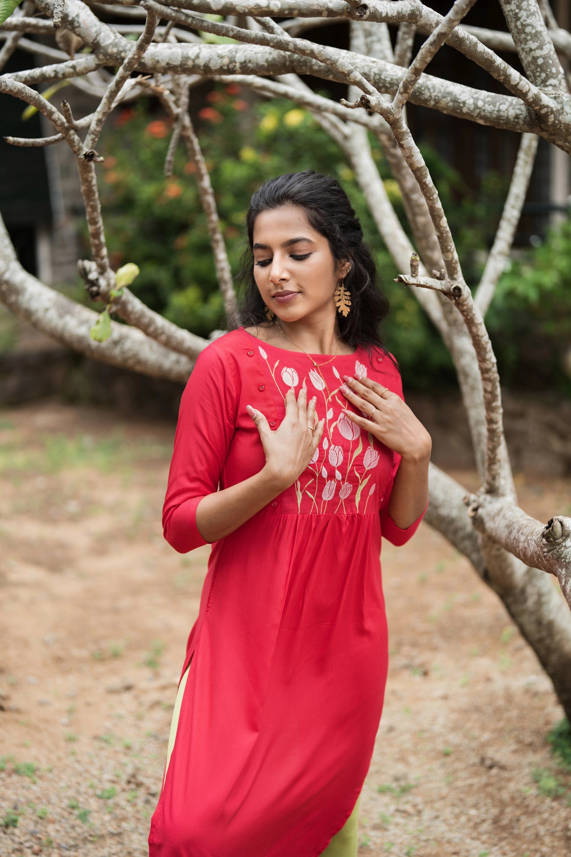 Pink Dancing Tulip Embroidery Viscose Dress