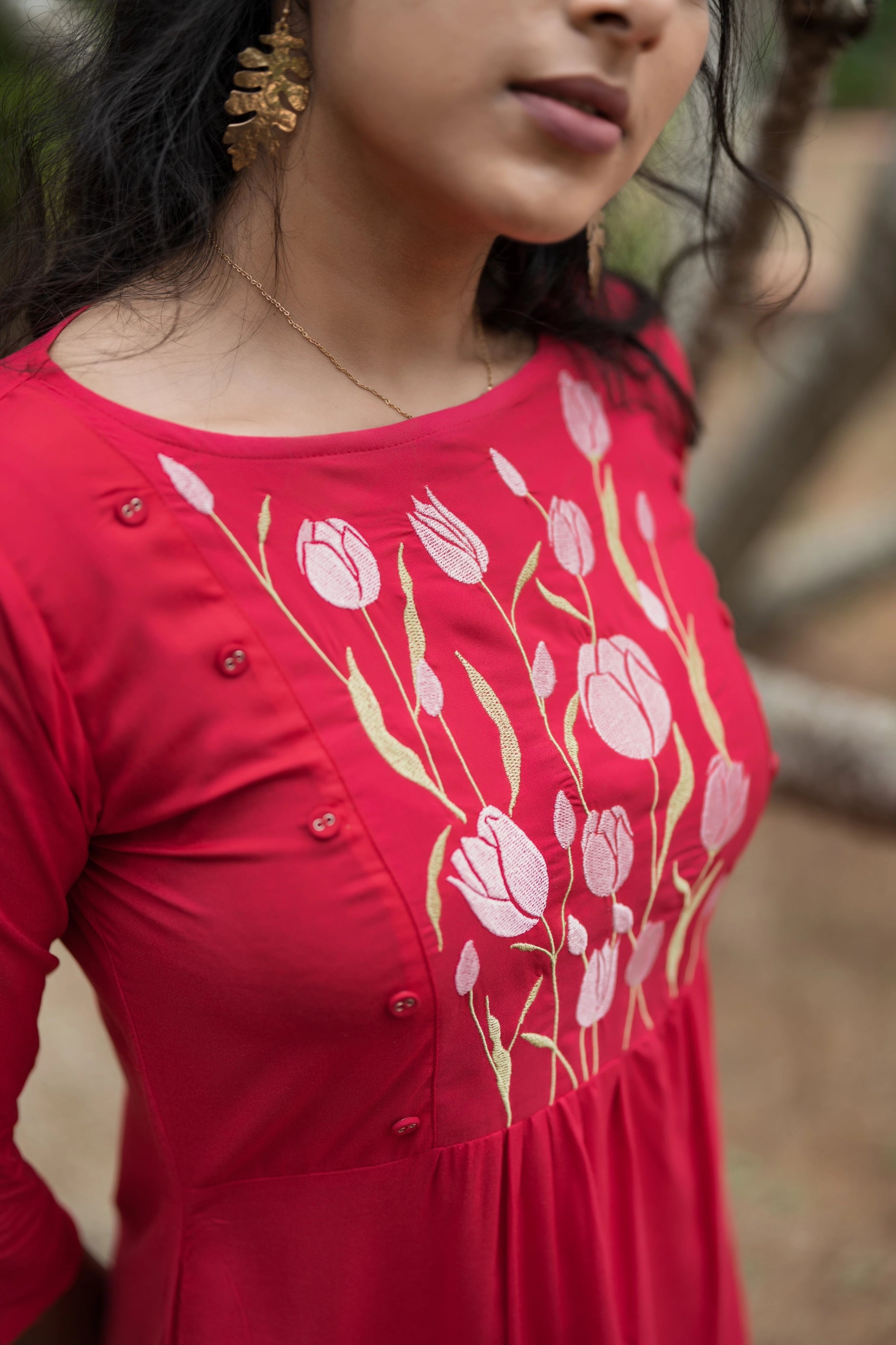 Pink Dancing Tulip Embroidery Viscose Dress