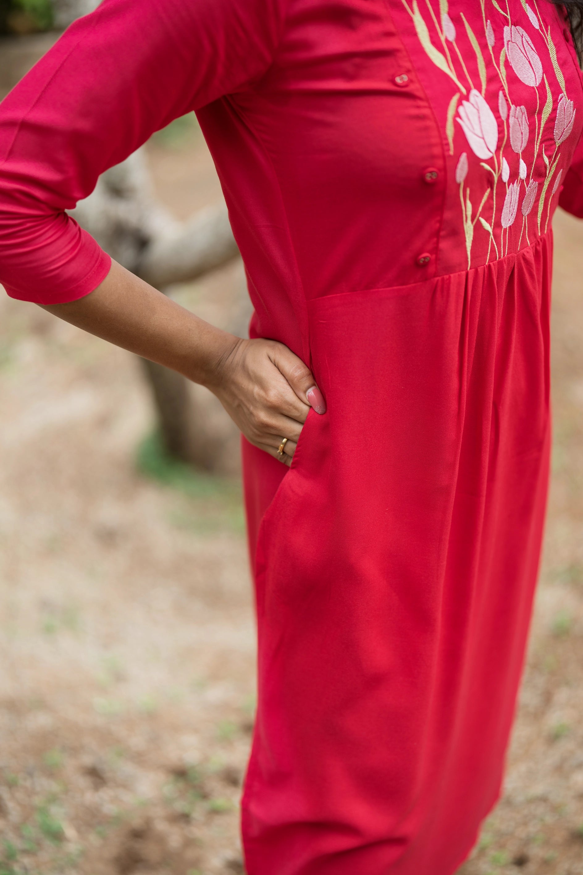 Pink Dancing Tulip Embroidery Viscose Dress