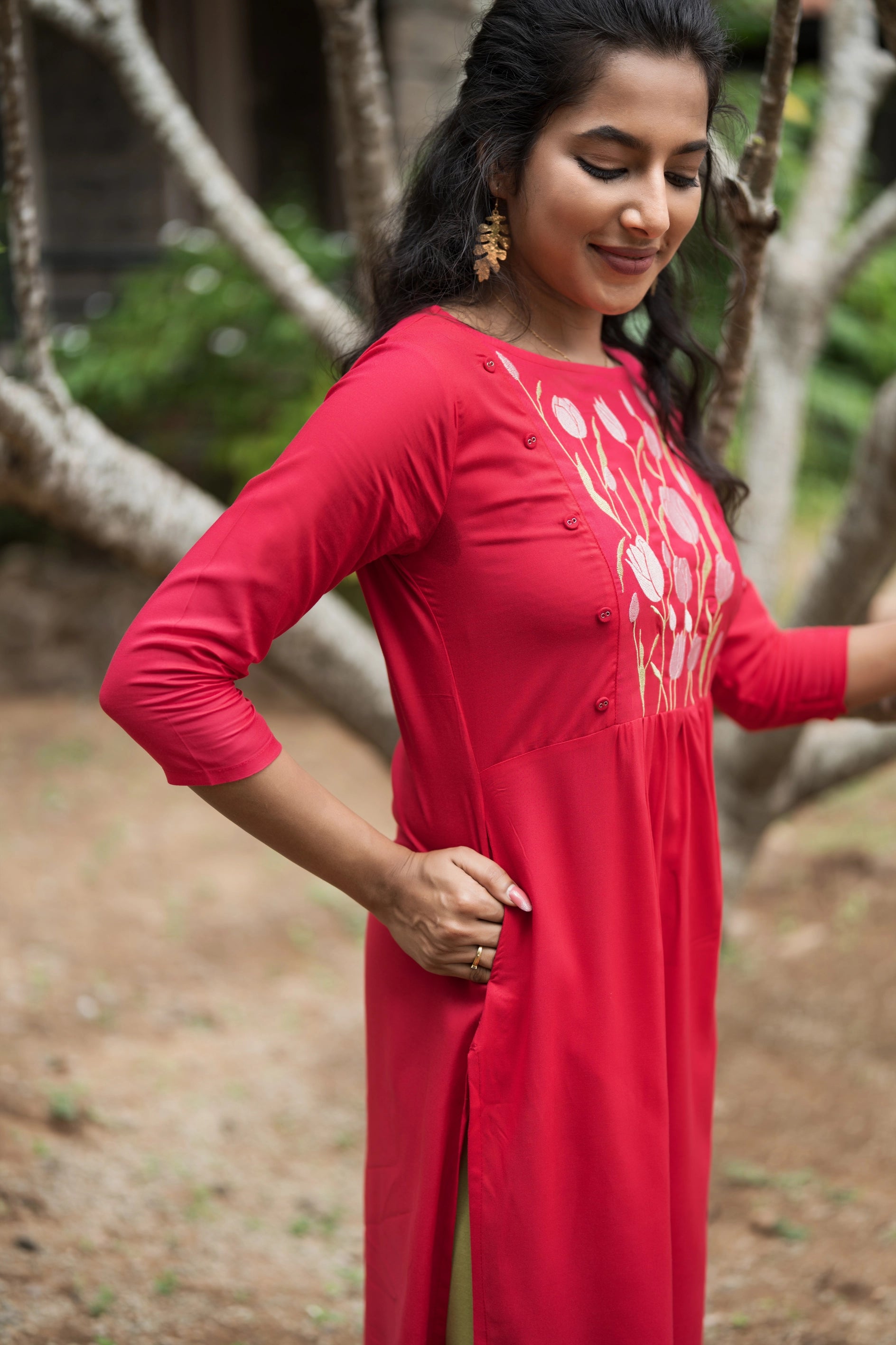 Pink Dancing Tulip Embroidery Viscose Dress