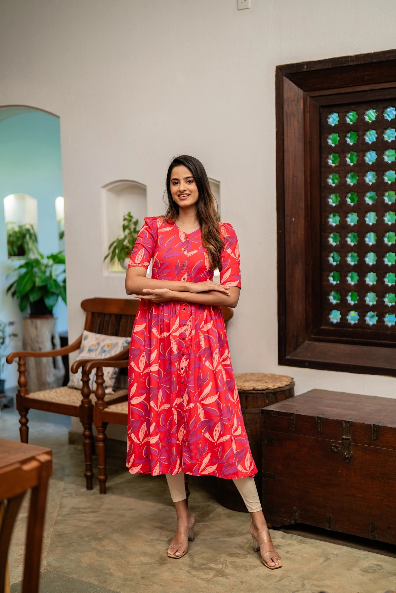 Red Leaves Printed Viscose Dress