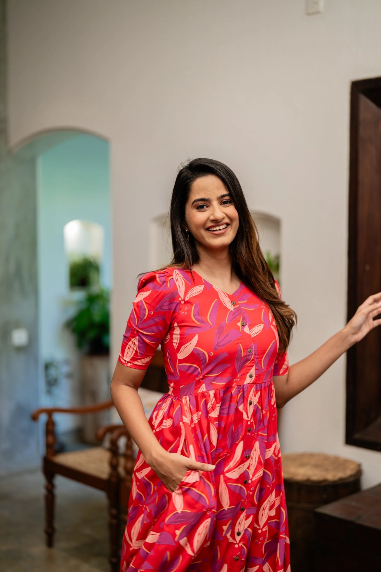 Red Leaves Printed Viscose Dress