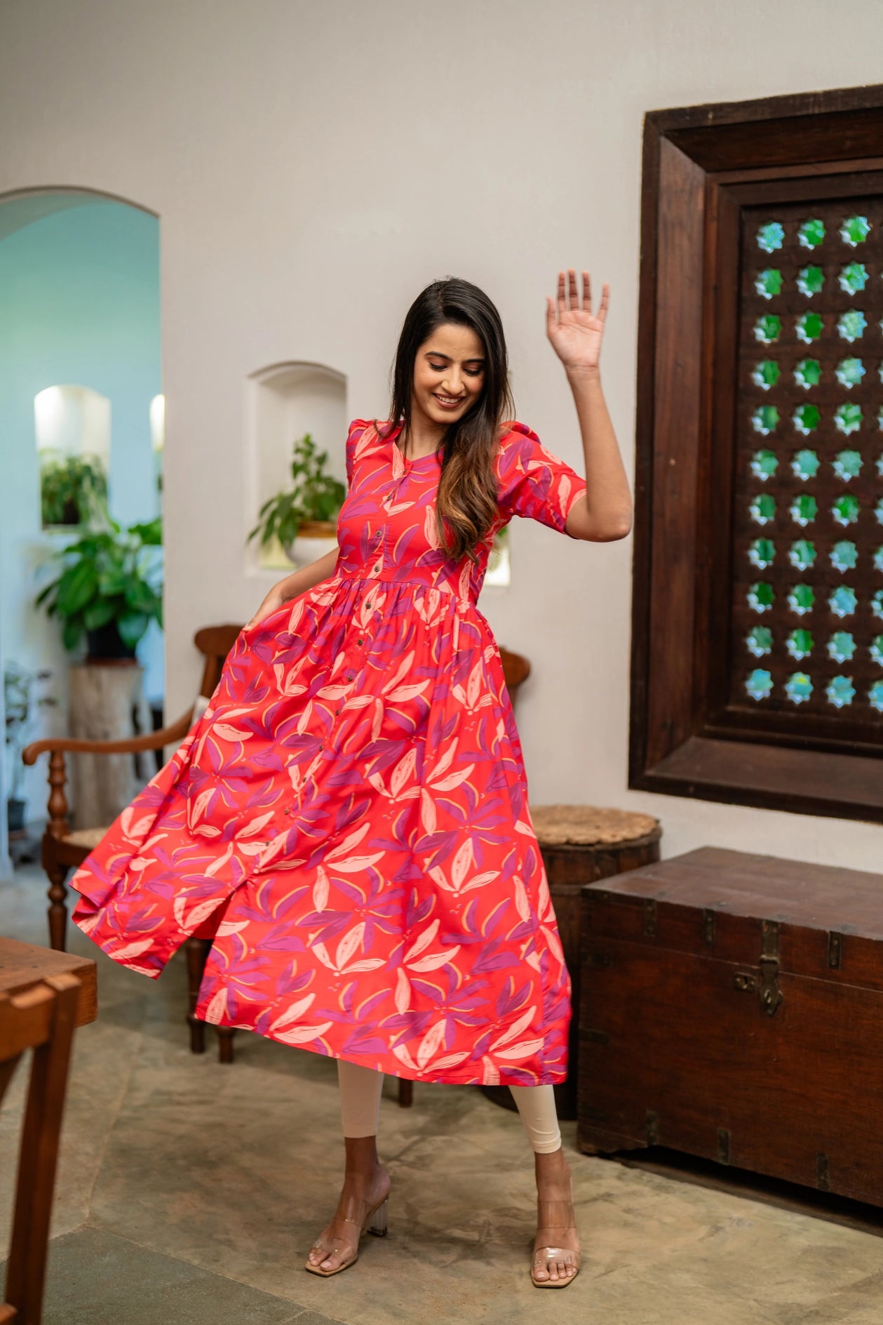 Red Leaves Printed Viscose Dress
