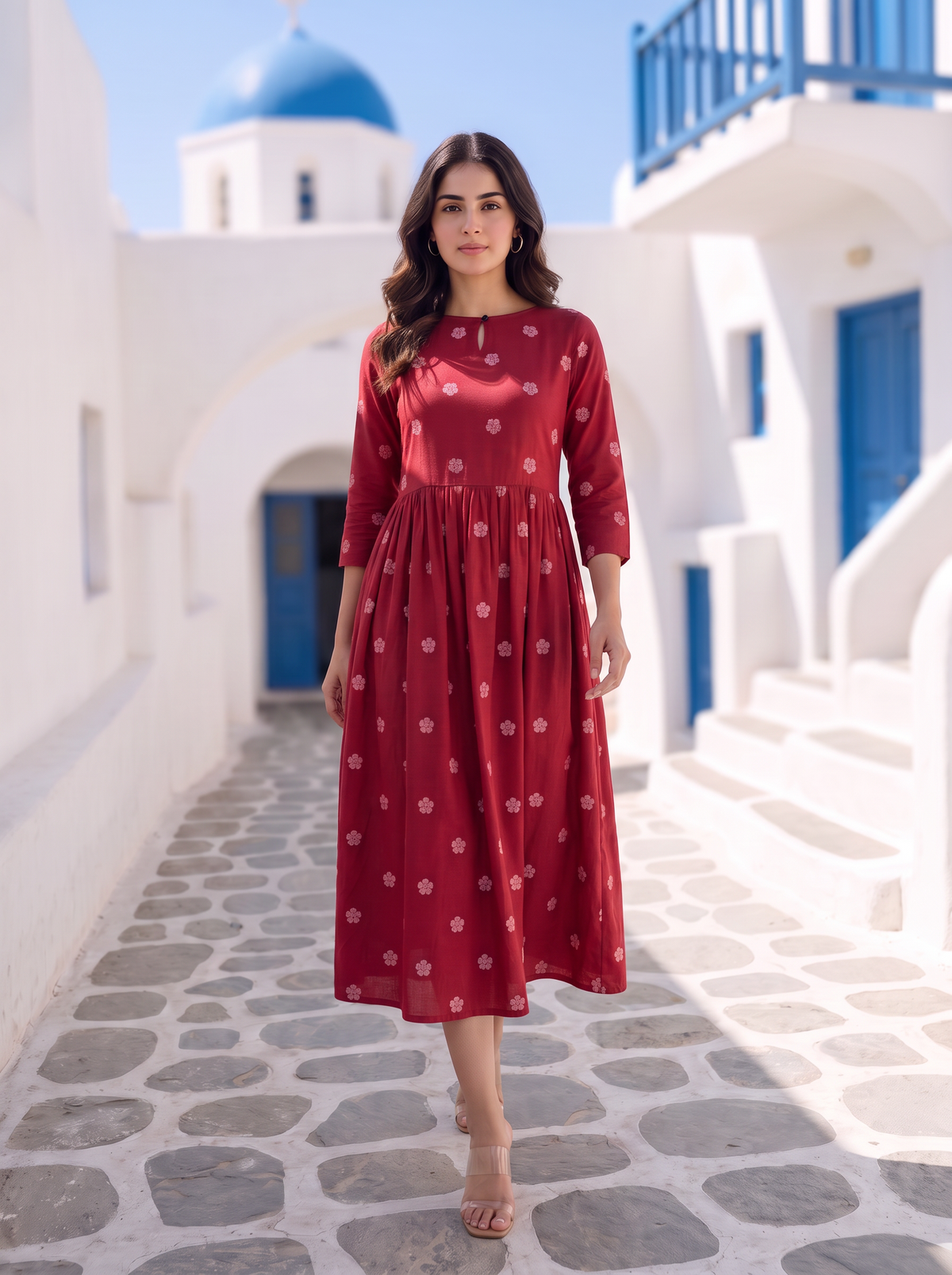 Ruby Meadow Red Viscose Printed Umbrella Dress