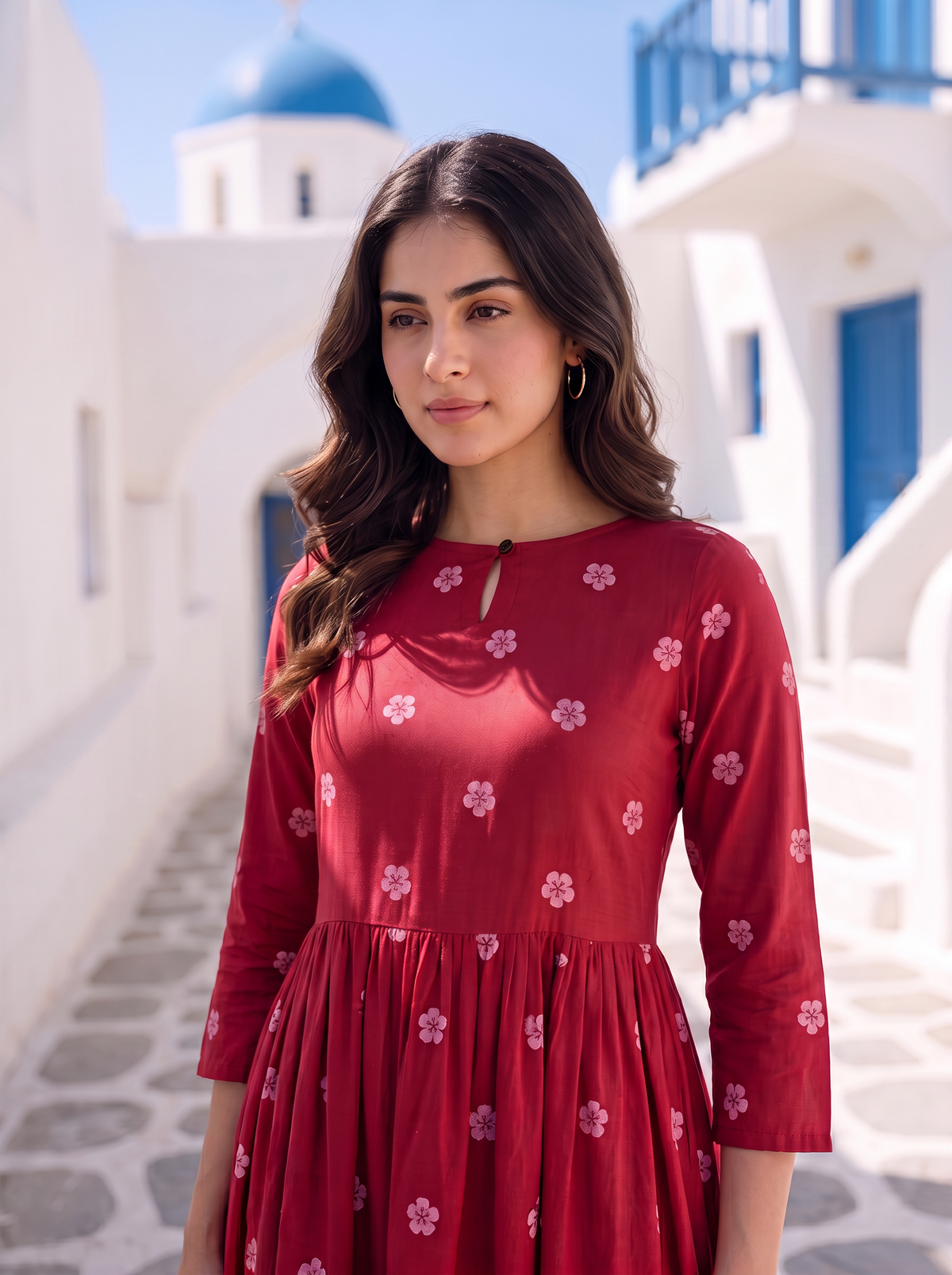Ruby Meadow Red Viscose Printed Umbrella Dress