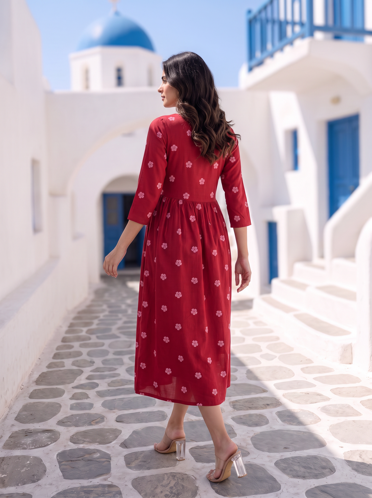Ruby Meadow Red Viscose Printed Umbrella Dress