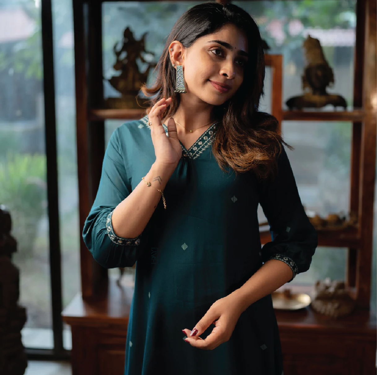 Green Scape Viscose With Lace Printed A-line Dress