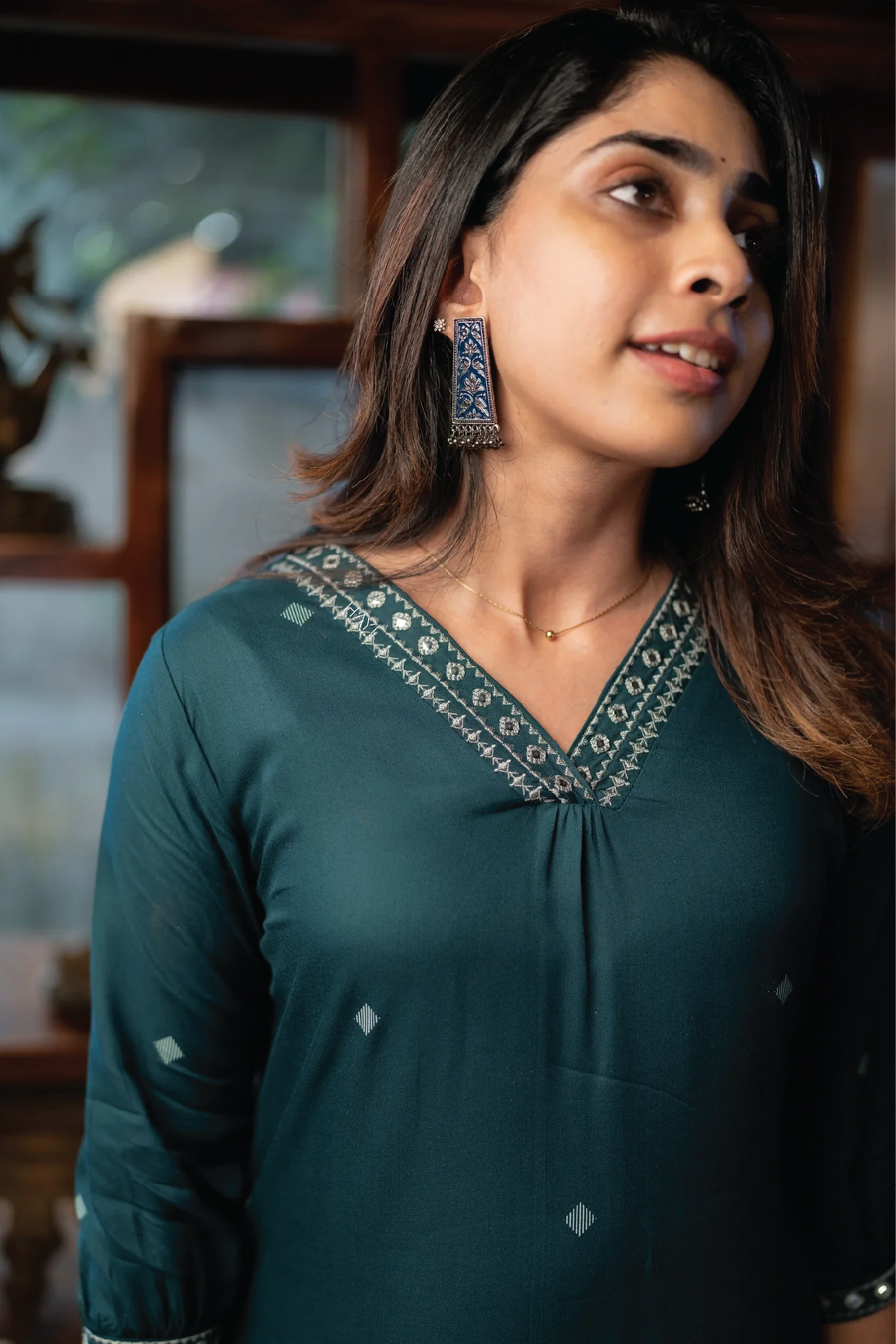 Green Scape Viscose With Lace Printed A-line Dress