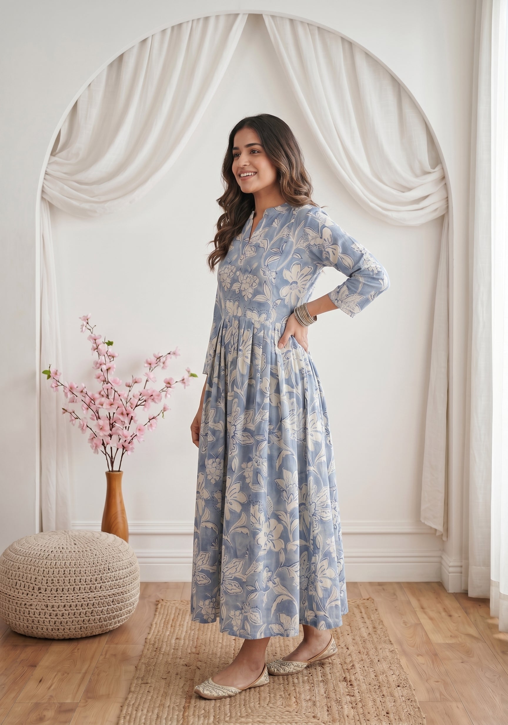 Classic Delight Blue Printed Maternity and Feeding Dress