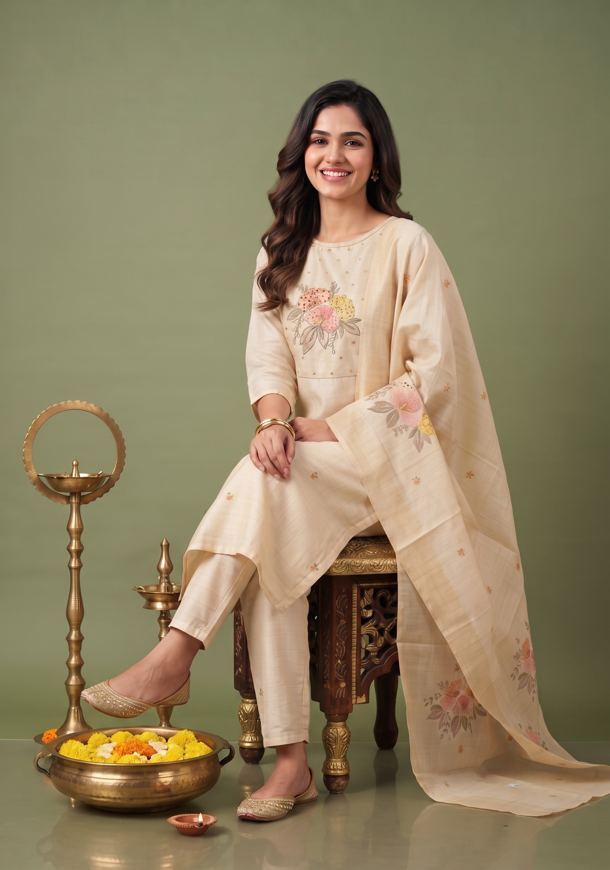 Fable Blossom Embroidered 3 Piece Butter Silk Blend Kurta Set with Dupatta